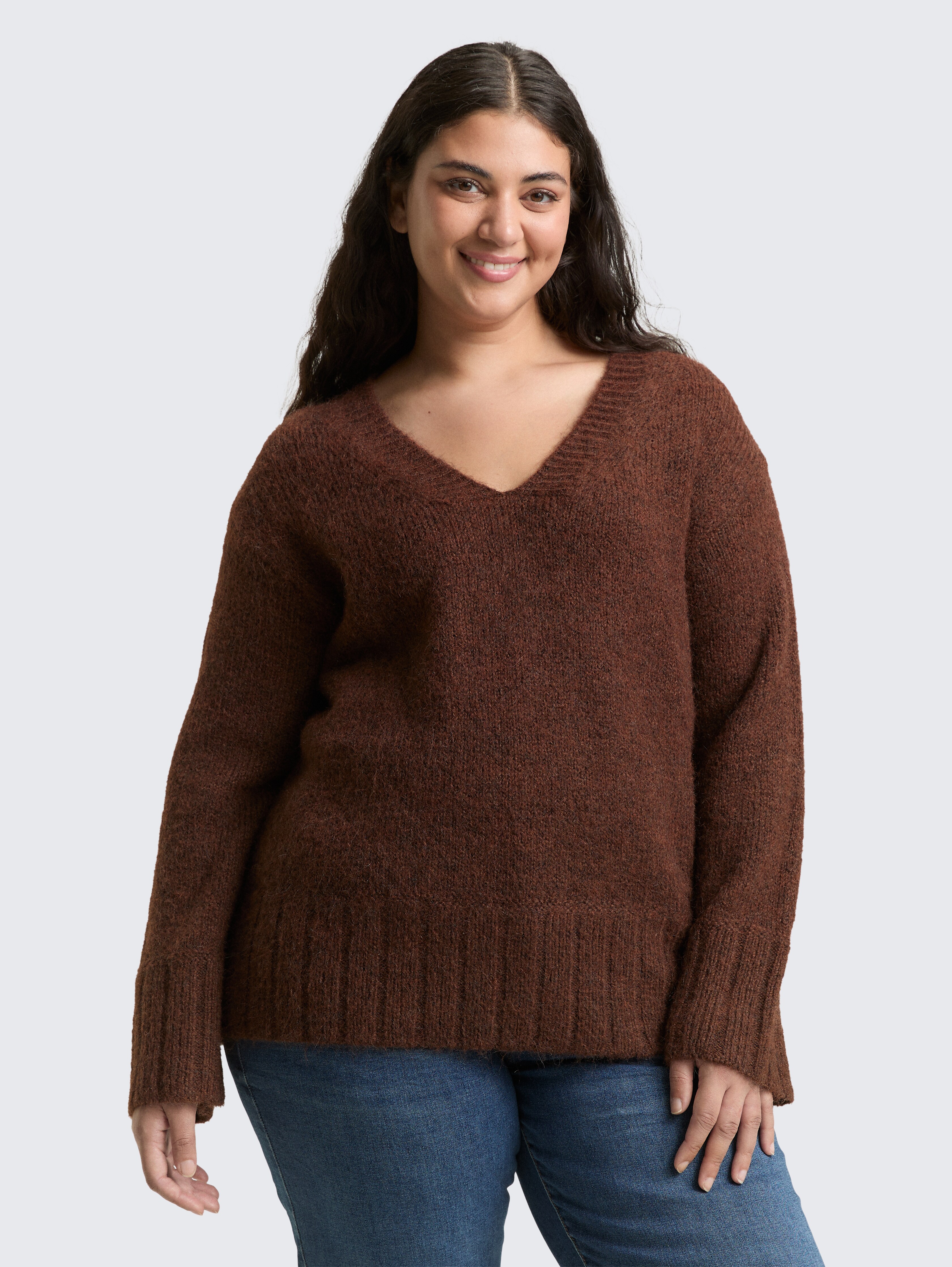 Plus Size - Loose Fit Strickpullover mit Wollanteil von Women Plus Size, dark pecan brown melange