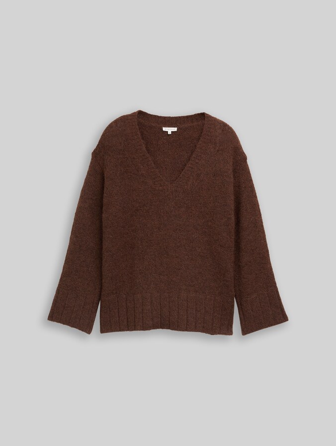 Plus Size - Loose fit knitted jumper with wool content by Women Plus Size, dark pecan brown melange