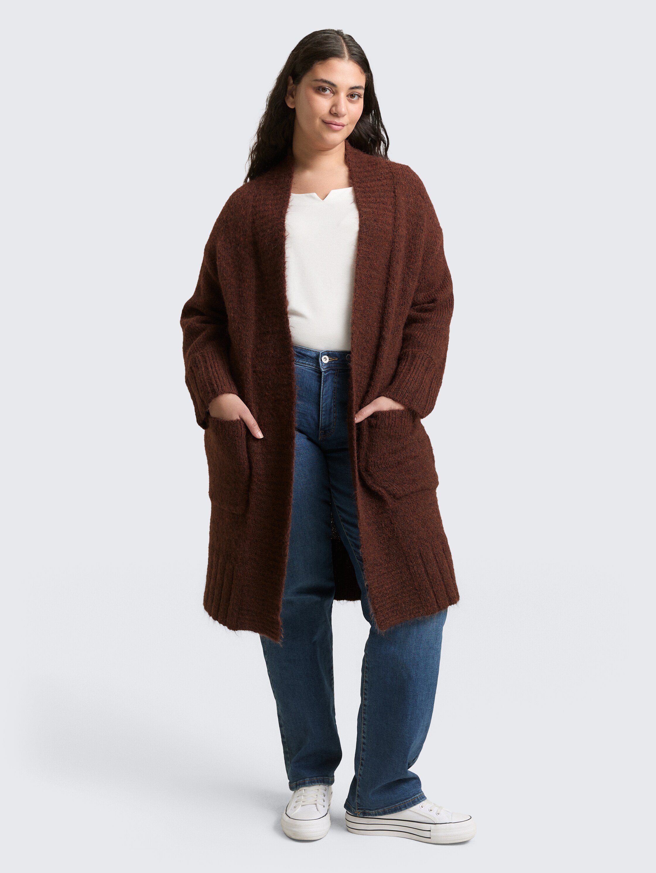Plus Size - Cardigan oversize avec partie en laine - dark_pecan_brown_melange - 