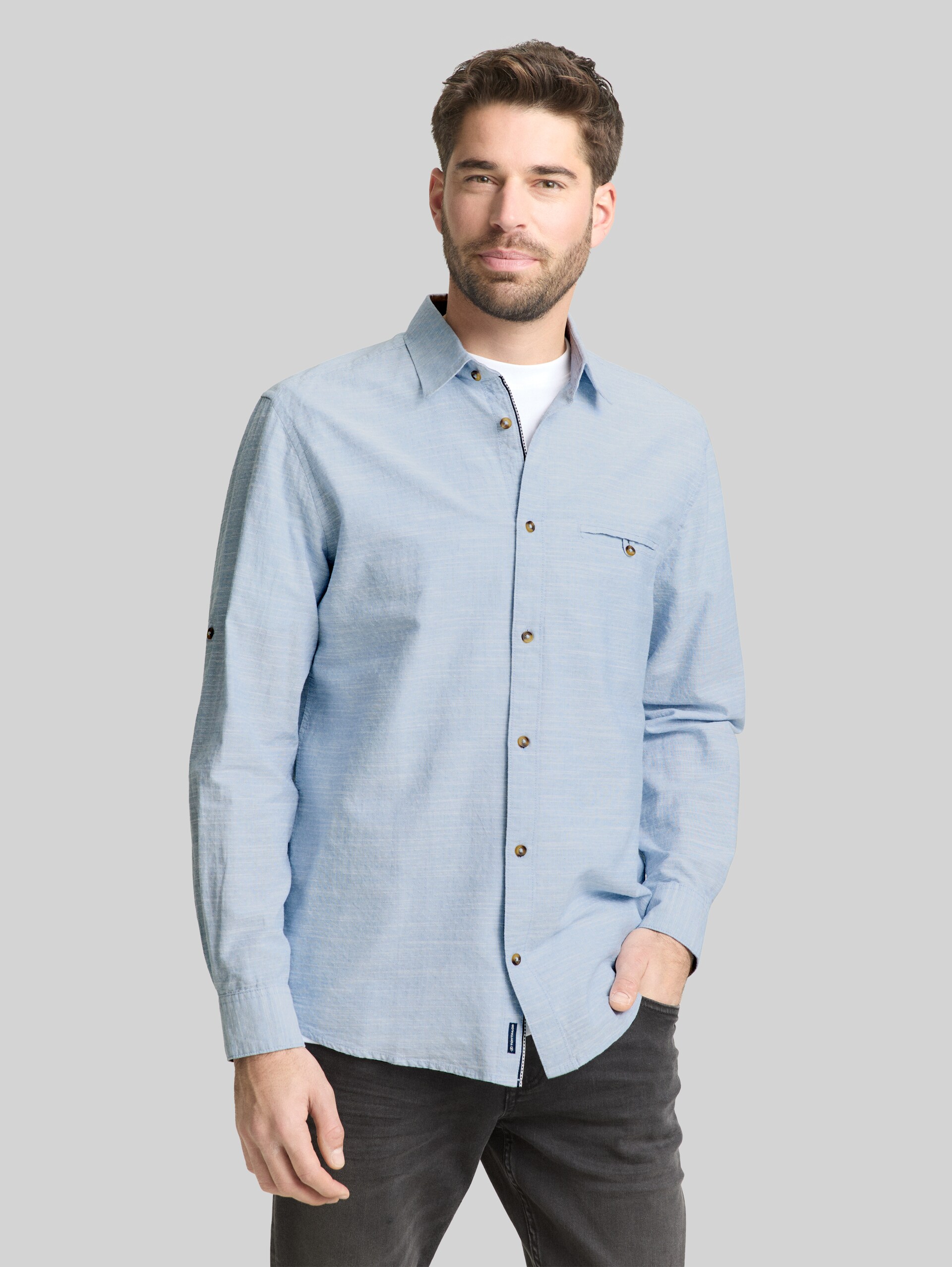 Regular Fit Hemd mit Turn-Up-Funktion - blue petrol structure - Ausschnitt Model-Vorderansicht