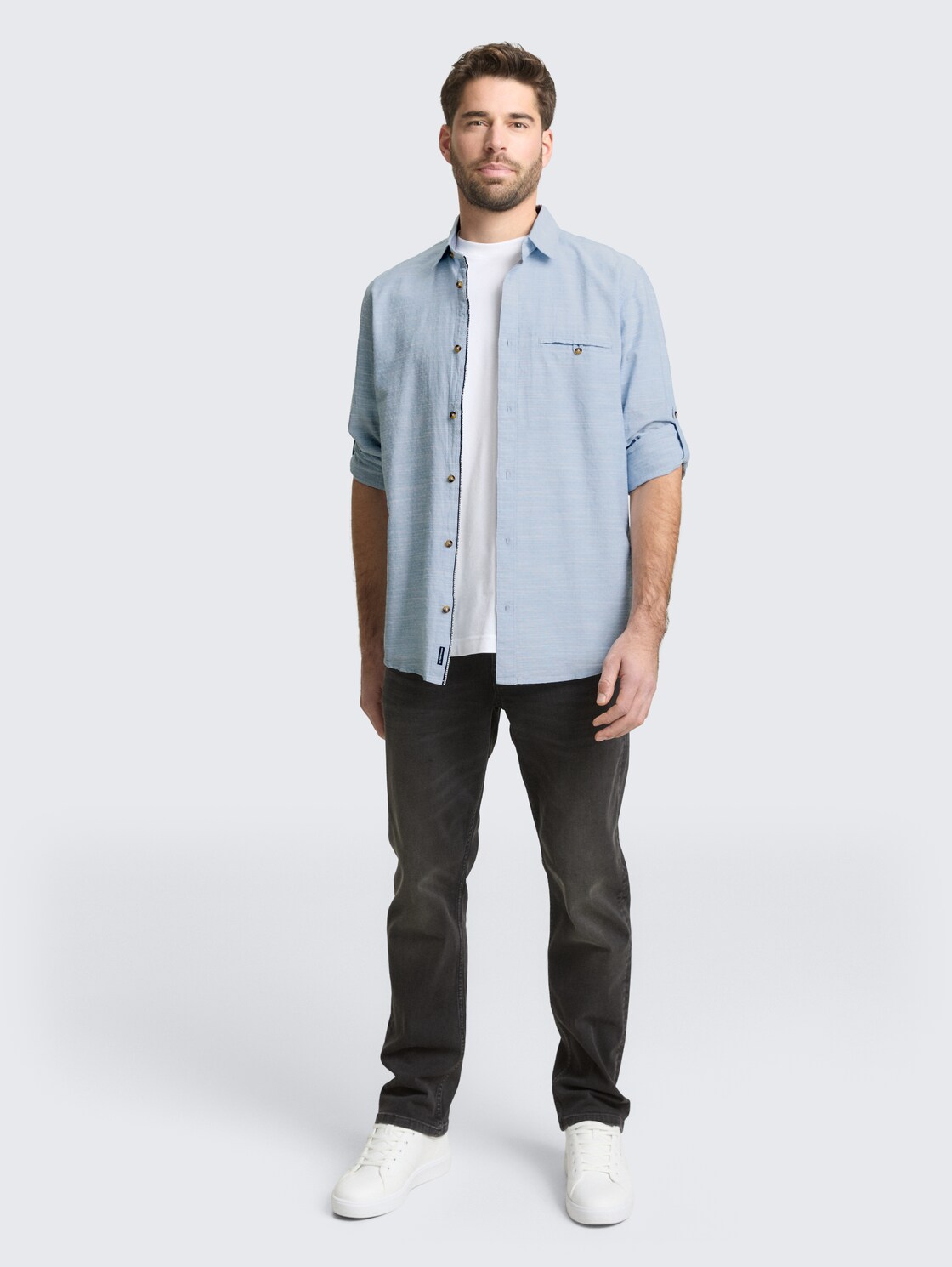 Regular Fit Hemd mit Turn-Up-Funktion - blue petrol structure - Model-Vorderansicht