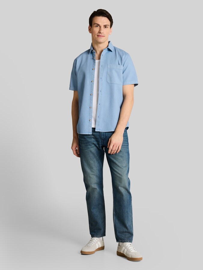 Regular fit short-sleeved shirt with waffle texture by Men, mountain spring blue