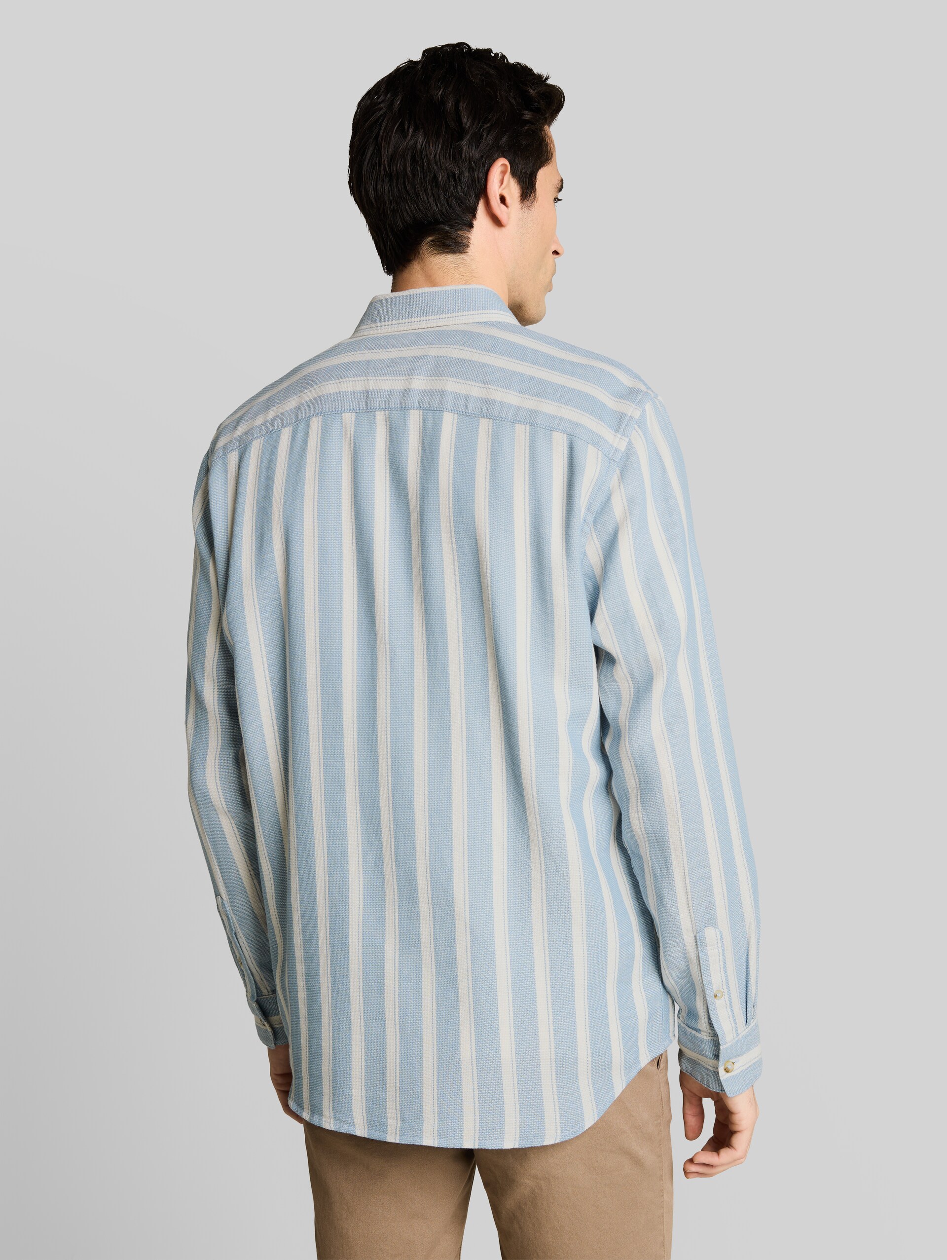 Regular fit dobby shirt in textured cotton fabric - mountain blue big stripe - Neckline model-back view