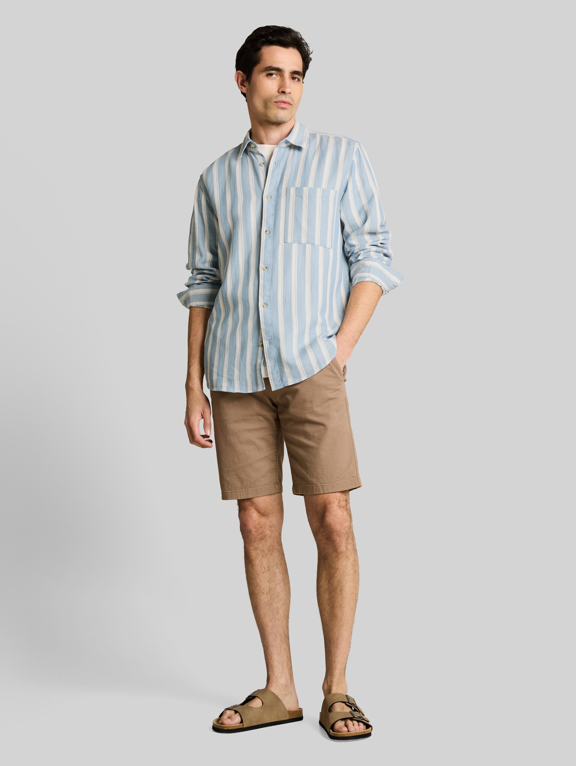 Regular fit dobby shirt in textured cotton fabric - mountain blue big stripe - Model front view