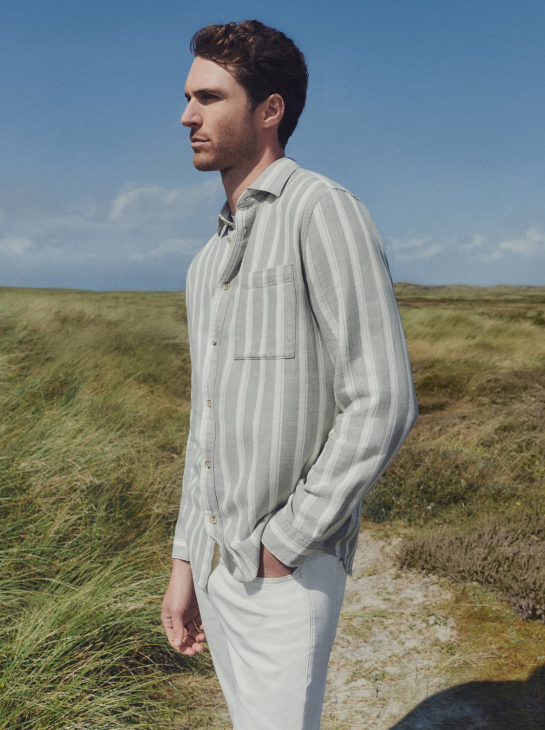 Regular fit dobby shirt in textured cotton fabric - gree_white_big_stripe - 