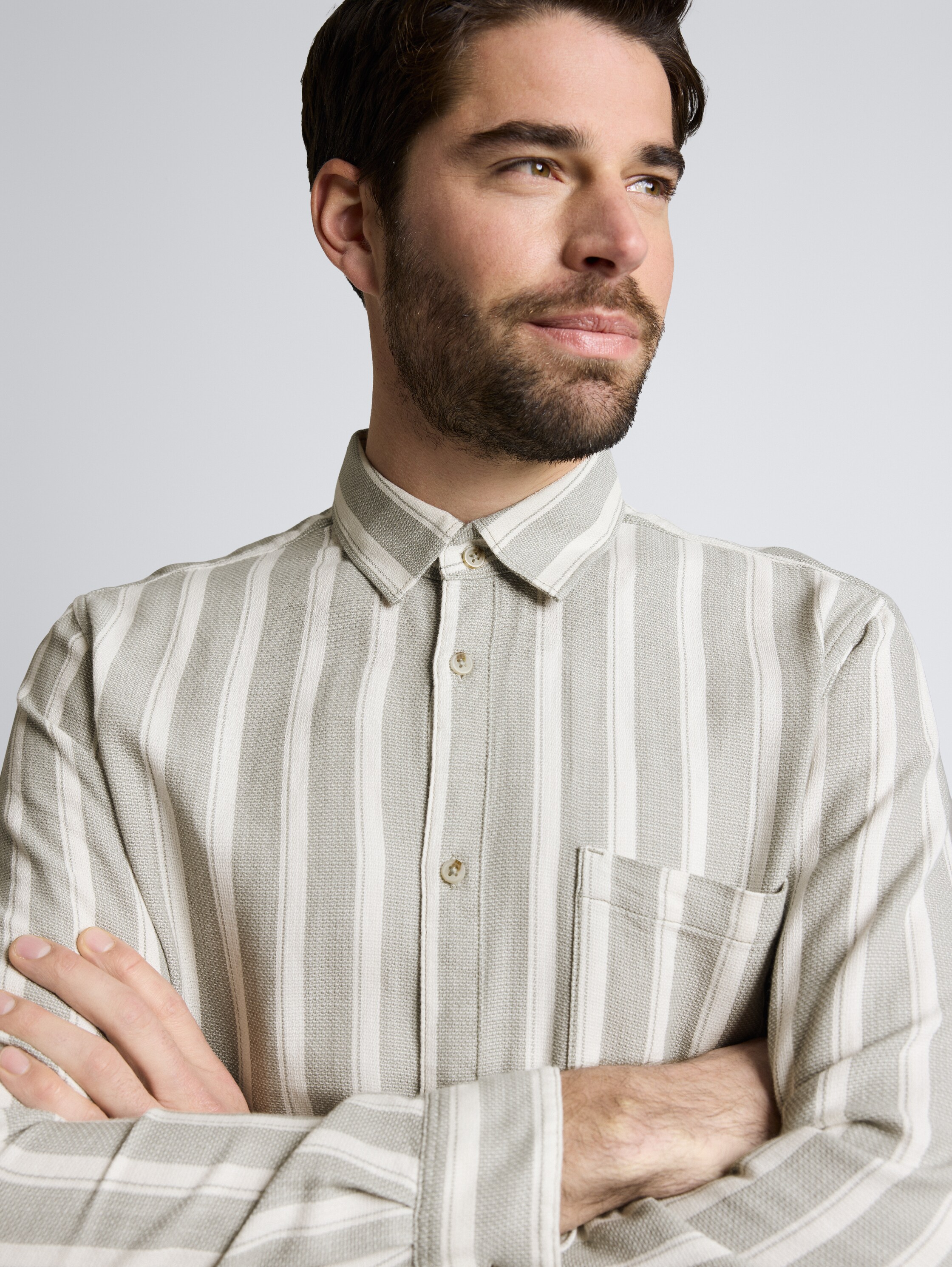 Regular fit dobby shirt in textured cotton fabric - gree white big stripe - Detail model view