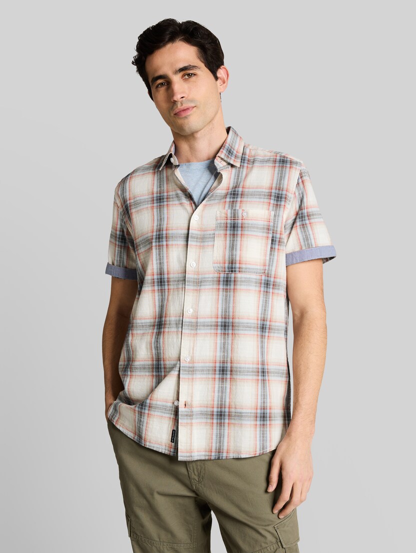 Regular fit overhemd met korte mouwen en ruitpatroon door Men, white multicolor check