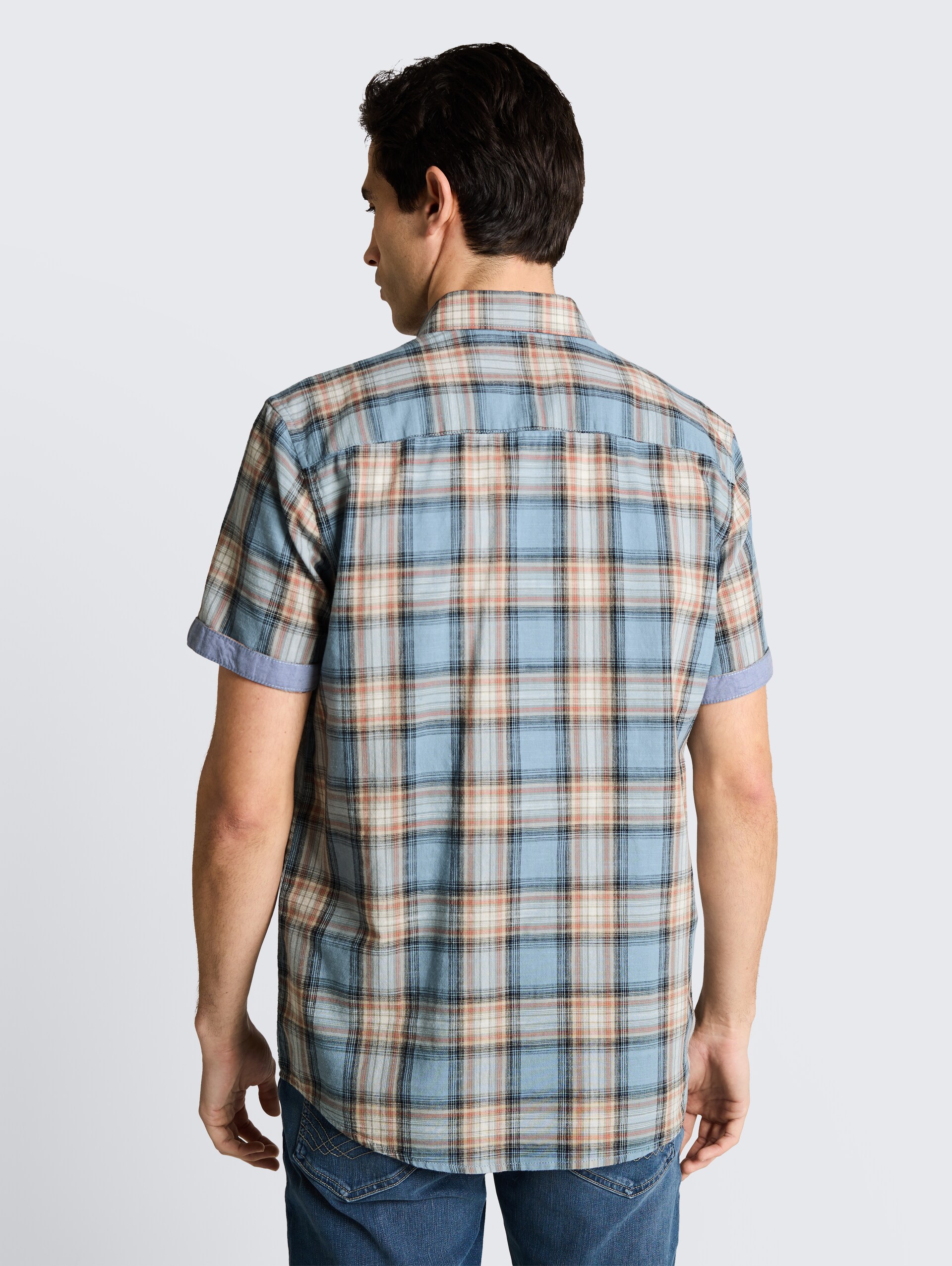 Regular fit overhemd met korte mouwen en ruitjesmotief - blue multicolor check - Neklijn model-achteraanzicht