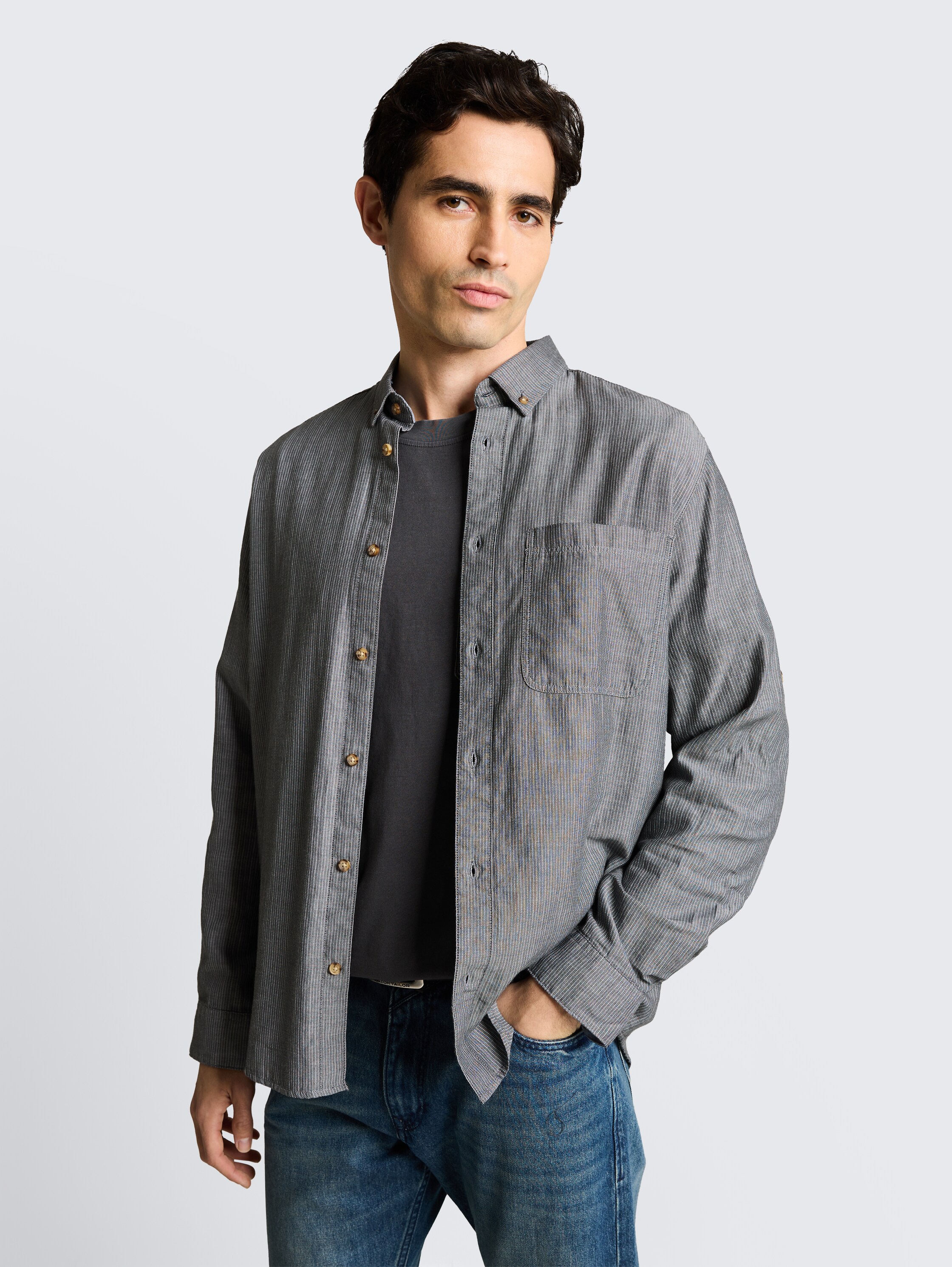 Regular Fit Hemd mit Turn-Up-Funktion - tarmac_grey_herringbone - 