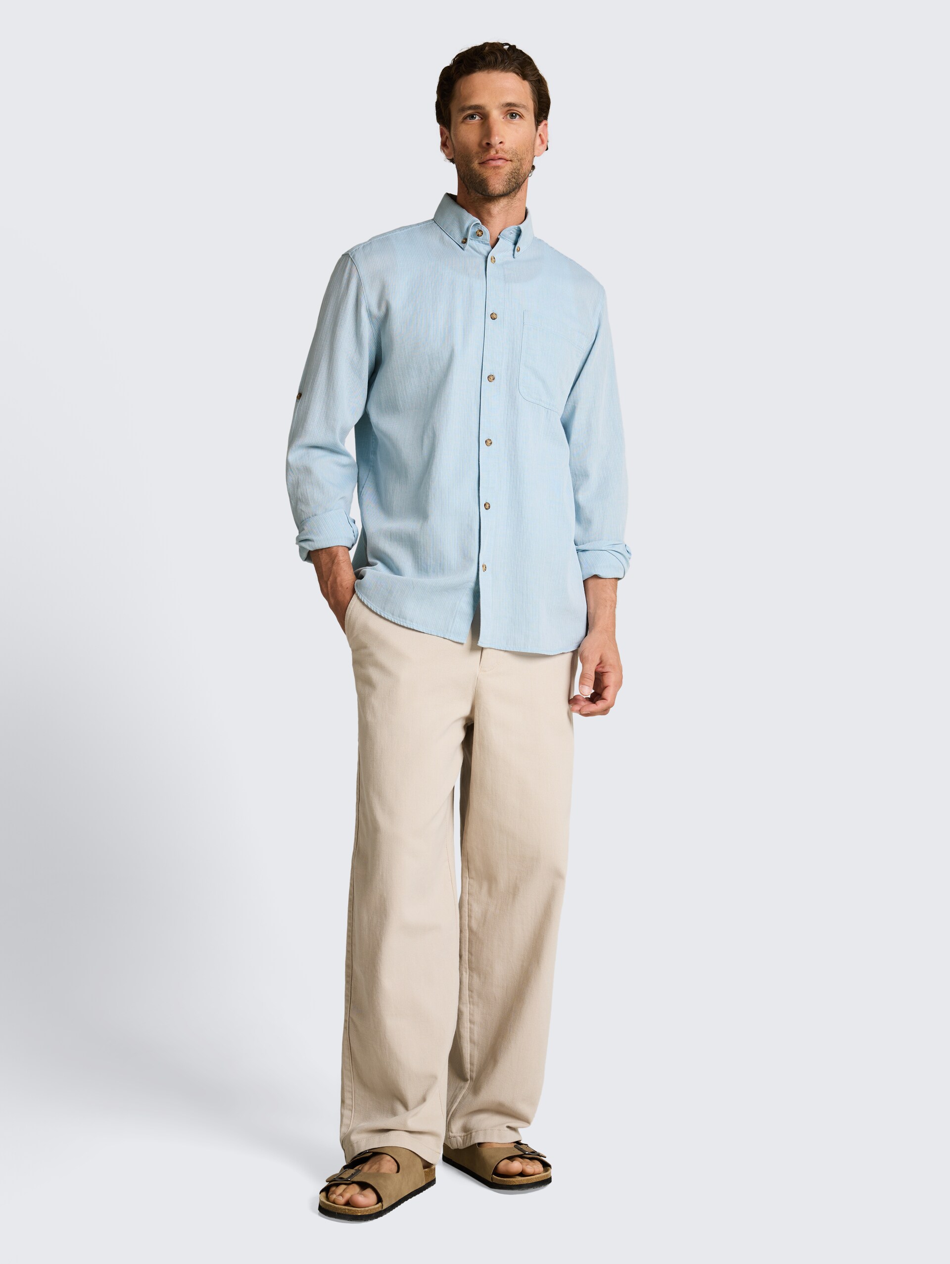 Regular-fit shirt with turn-up feature - mountain blue herringbone - Model front view