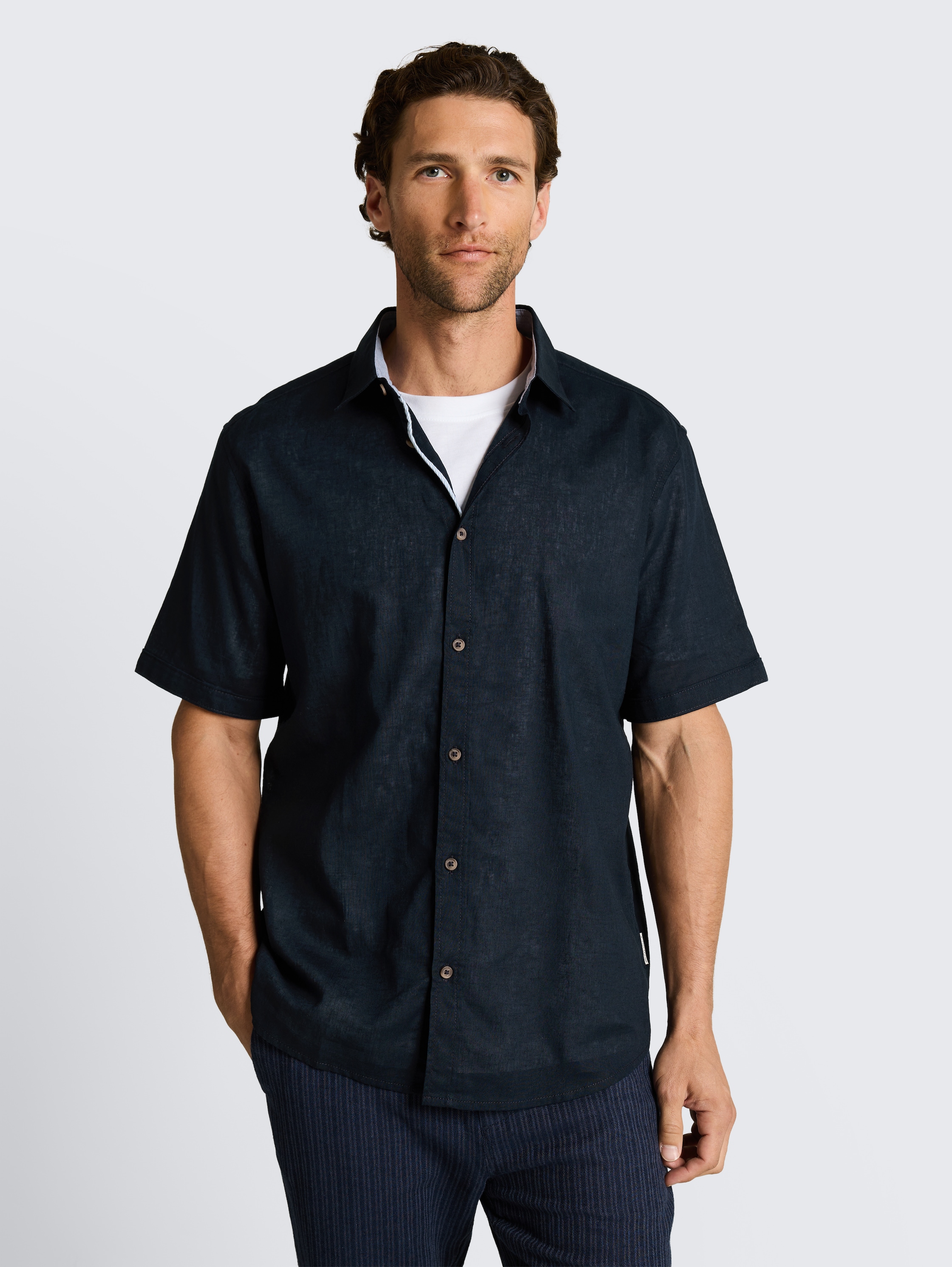 Regular Fit Kurzarmhemd mit Leinenanteil - sky_captain_blue_1 - 
