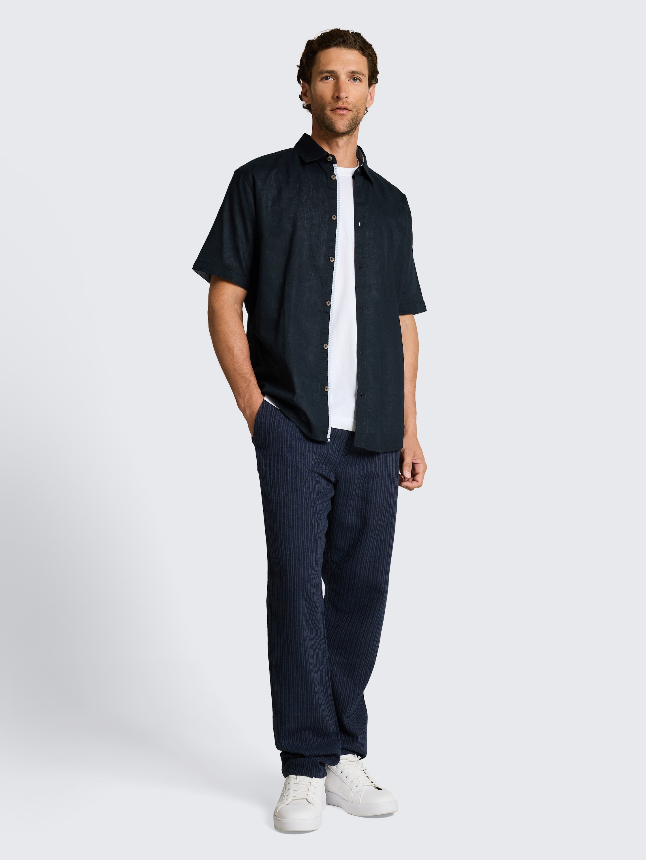 Regular Fit Kurzarmhemd mit Leinenanteil - sky_captain_blue_1 - 