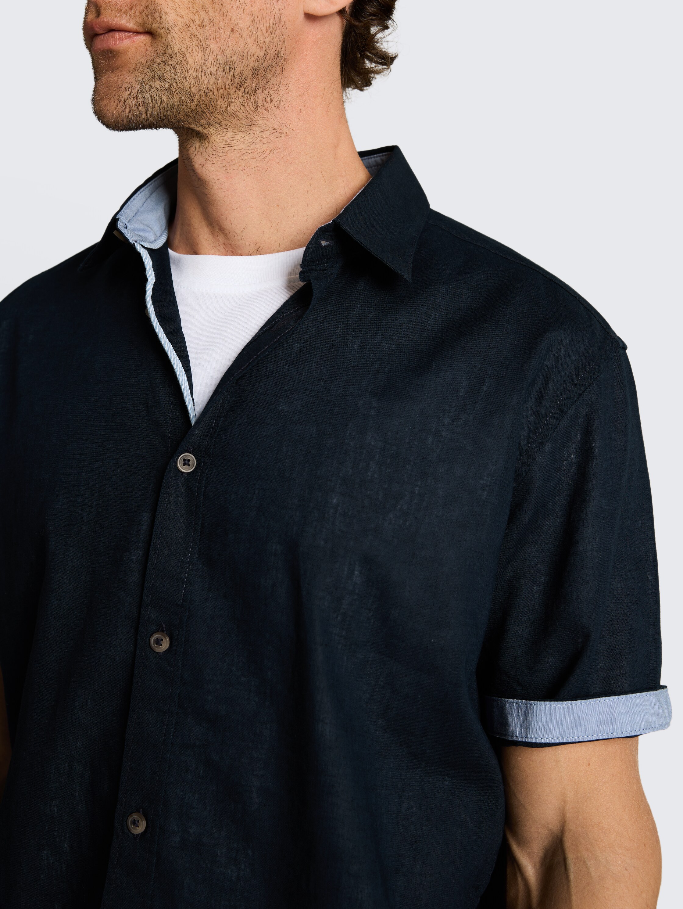 Regular Fit Kurzarmhemd mit Leinenanteil - sky_captain_blue_1 - 