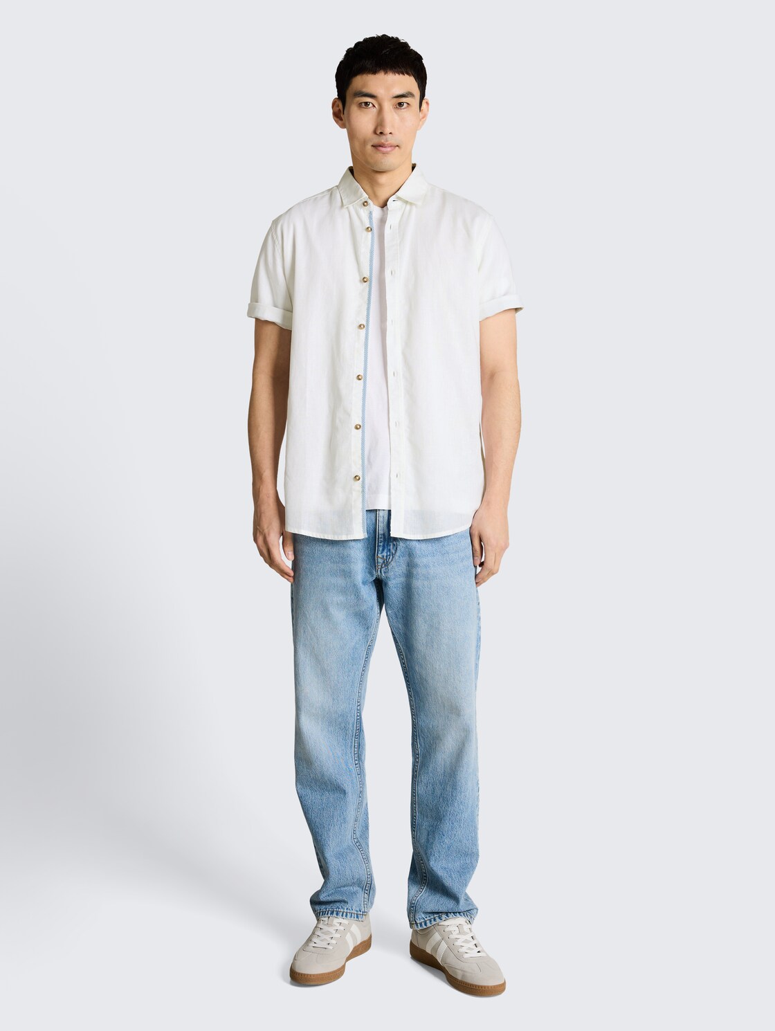 Regular fit overhemd met korte mouwen en linnen - White - Model vooraanzicht