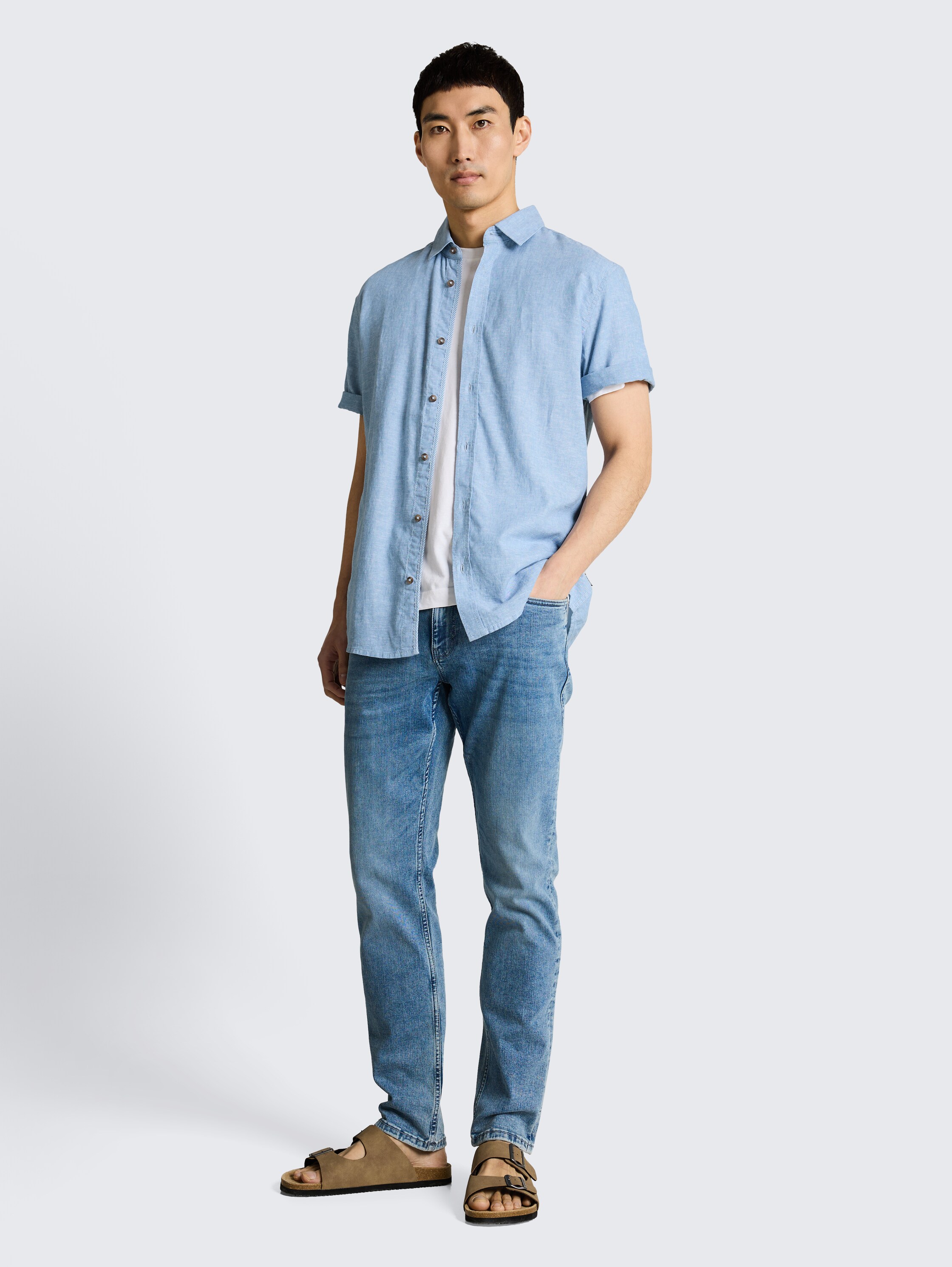 Regular Fit Kurzarmhemd mit Leinenanteil - bleeched_blue_chambray - 