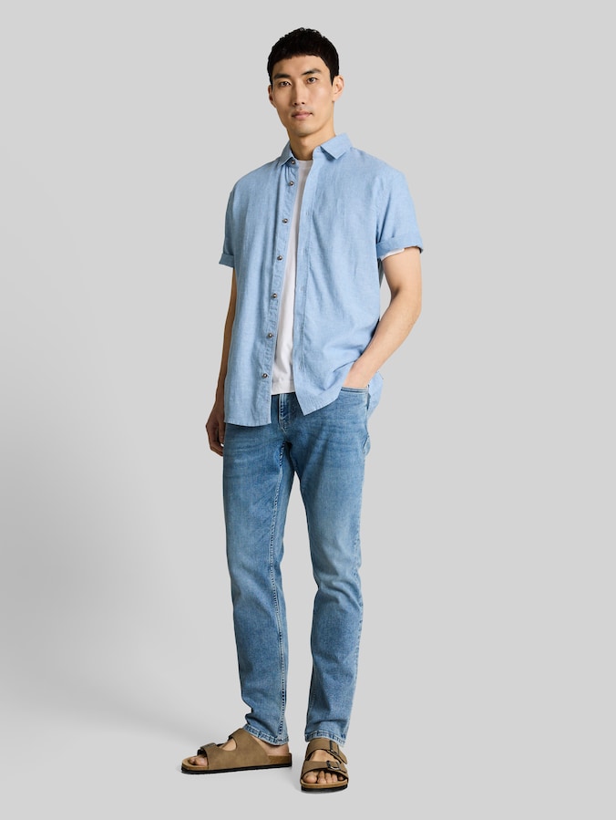 Regular fit overhemd met korte mouwen en linnen door Men, bleeched blue chambray