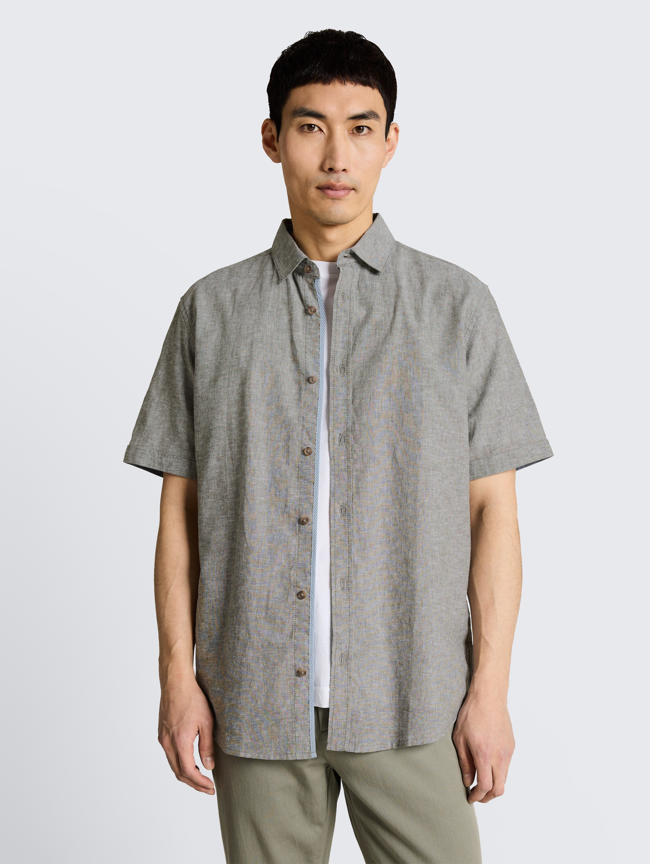 Regular Fit Kurzarmhemd mit Leinenanteil - faded_leaf_green_chambray - 