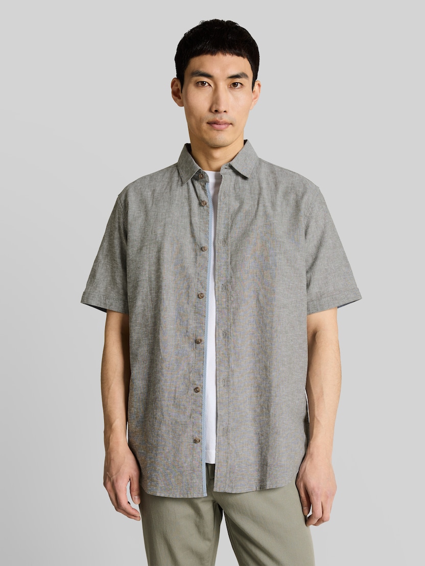 Regular Fit Kurzarmhemd mit Leinenanteil von Men, faded leaf green chambray