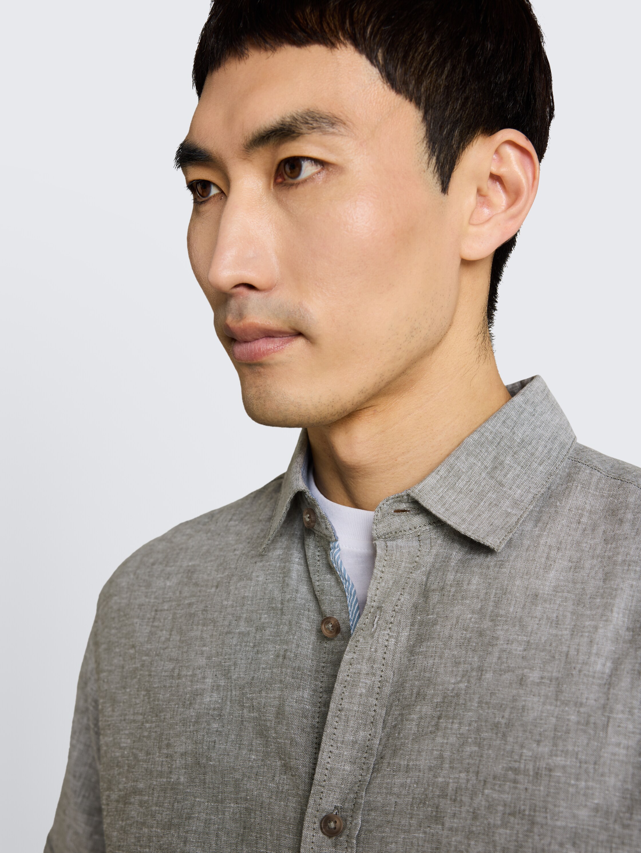 Regular Fit Kurzarmhemd mit Leinenanteil - faded_leaf_green_chambray - 