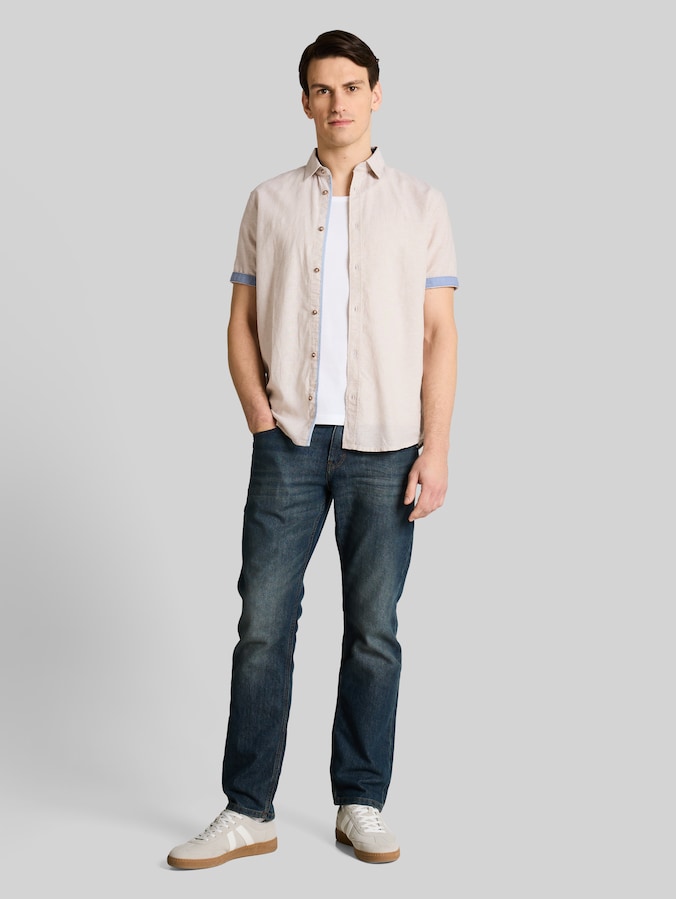 Regular Fit Kurzarmhemd mit Leinenanteil von Men, cashew beige chambray