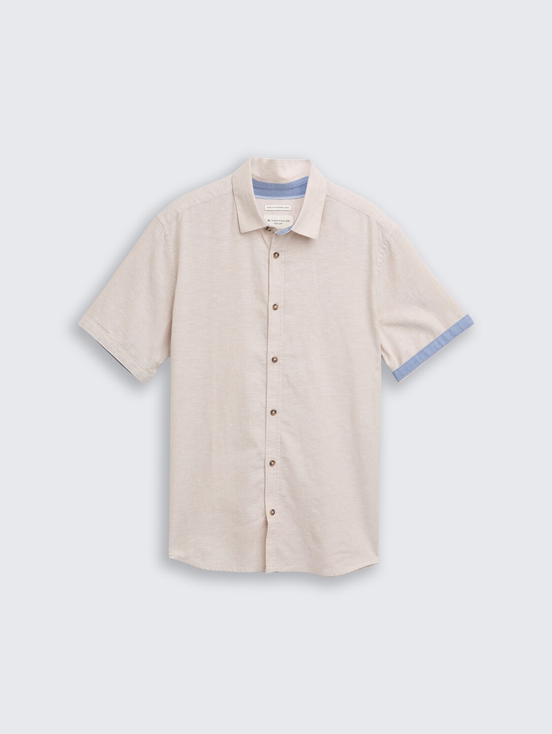 Regular fit overhemd met korte mouwen en linnen - cashew beige chambray - Product vooraanzicht