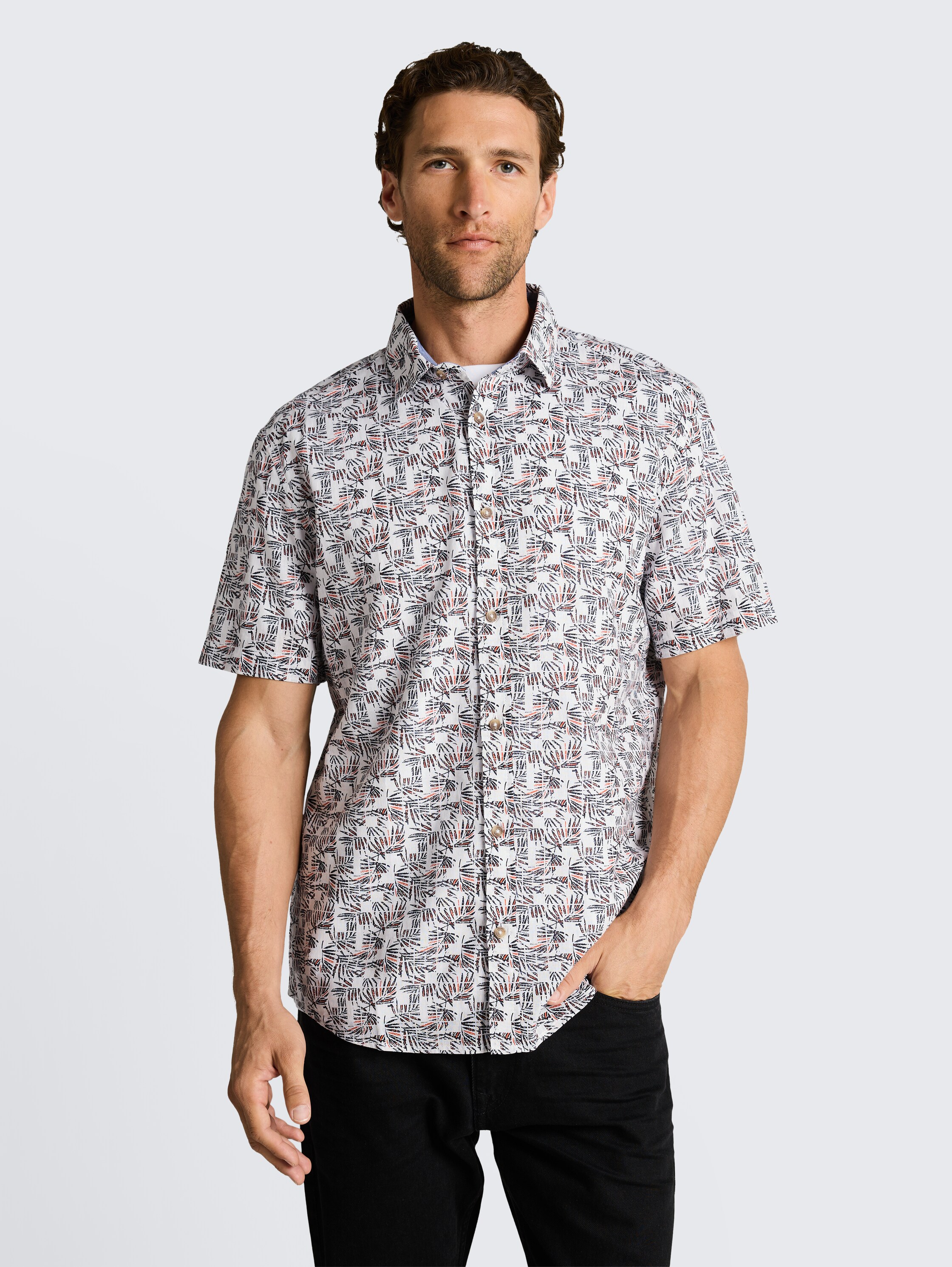 Regular Fit Kurzarmhemd mit Leinenanteil - white_palm_tree_design - 