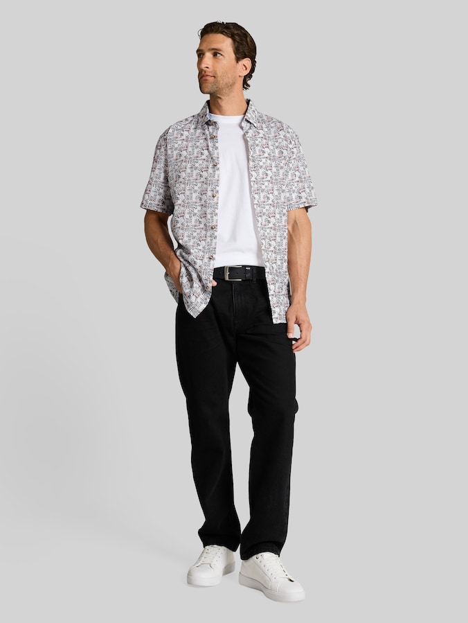 Regular fit short-sleeved shirt with linen blend by Men, white palm tree design