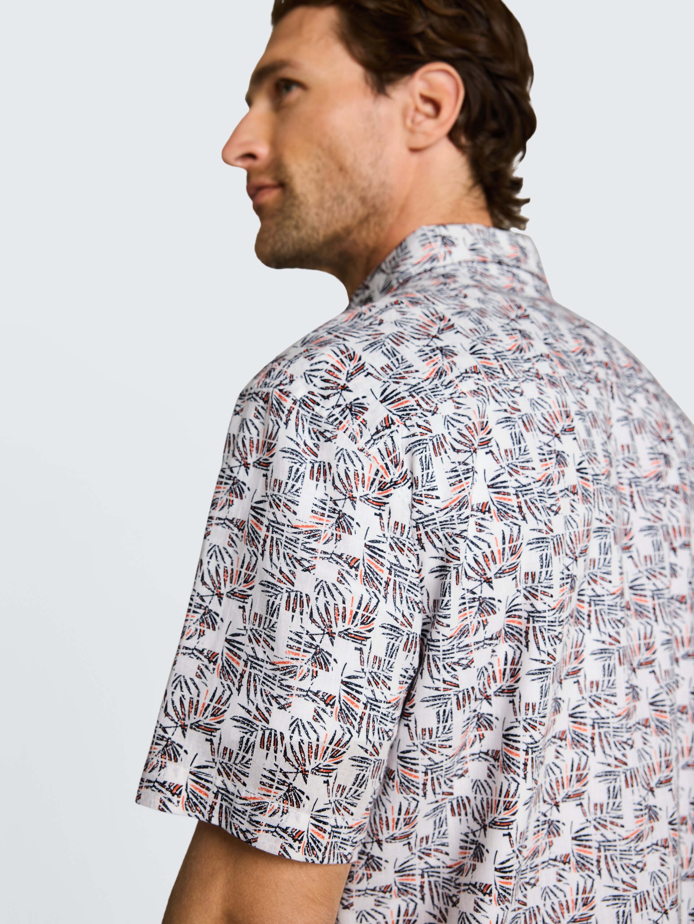 Regular Fit Kurzarmhemd mit Leinenanteil - white_palm_tree_design - 