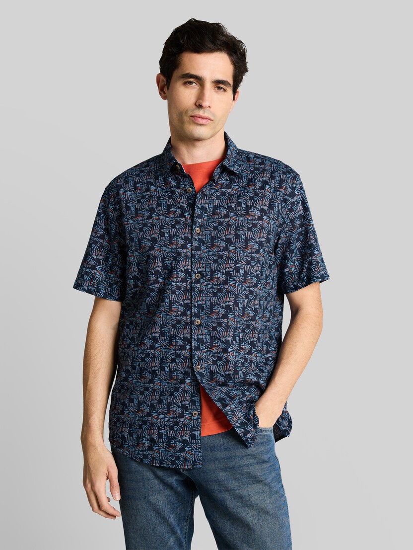 Regular Fit Kurzarmhemd mit Leinenanteil von Men, blue palm tree design