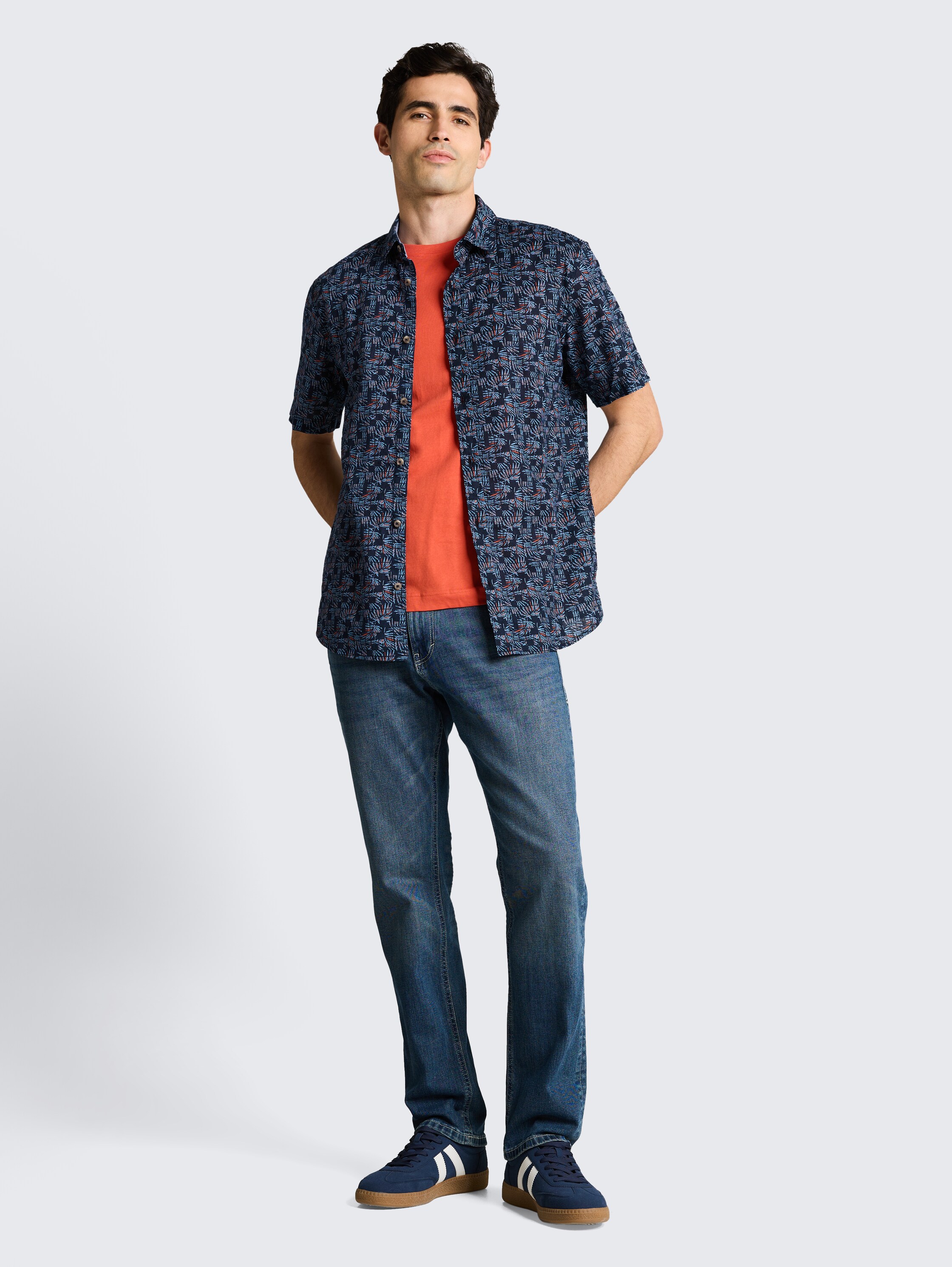 Regular Fit Kurzarmhemd mit Leinenanteil - blue_palm_tree_design - 