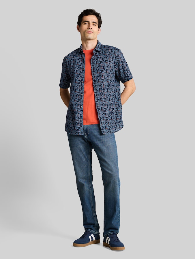 Regular fit overhemd met korte mouwen en linnen door Men, blue palm tree design
