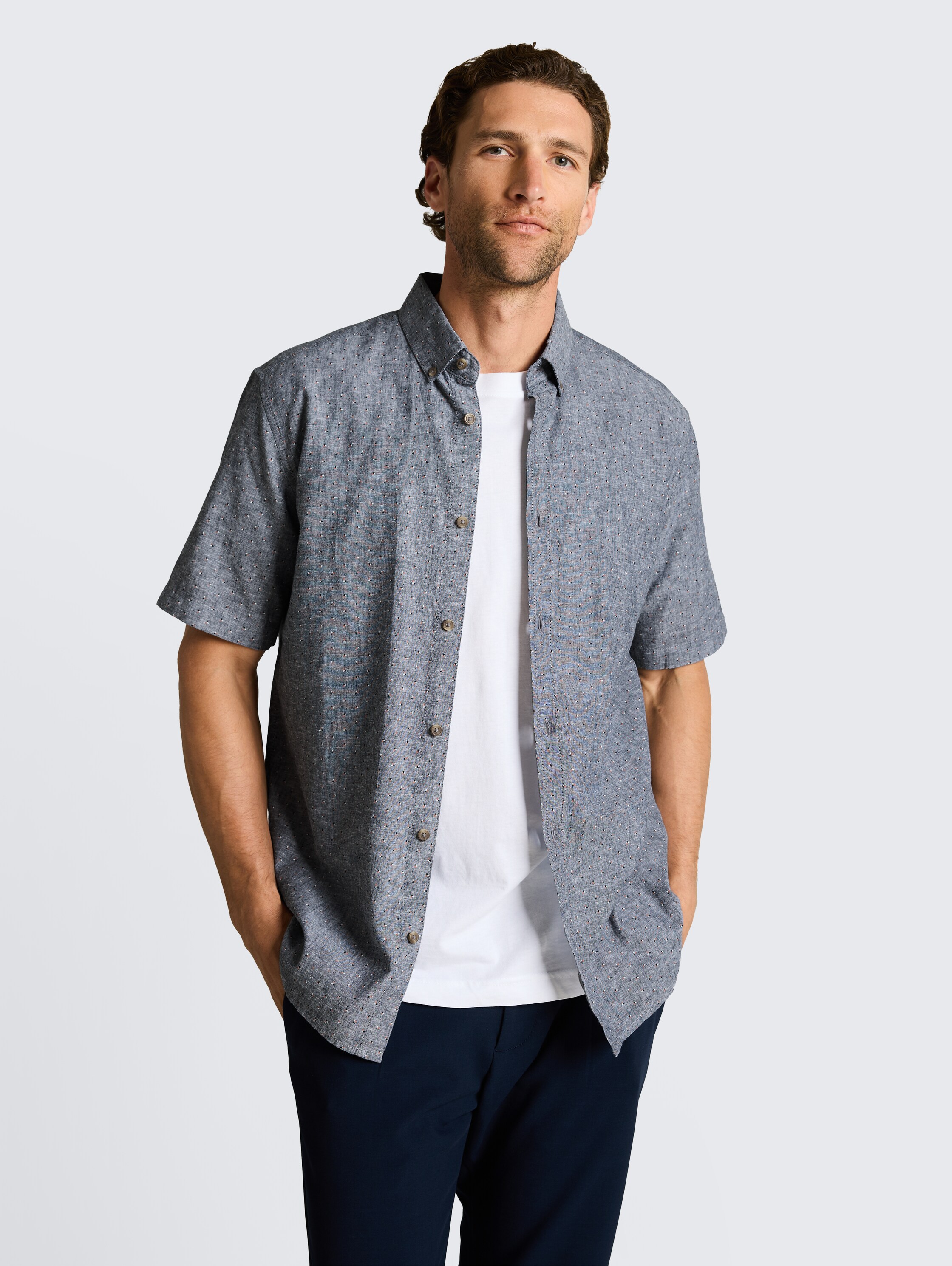 Regular Fit Kurzarmhemd mit Leinenanteil - navy_design - 