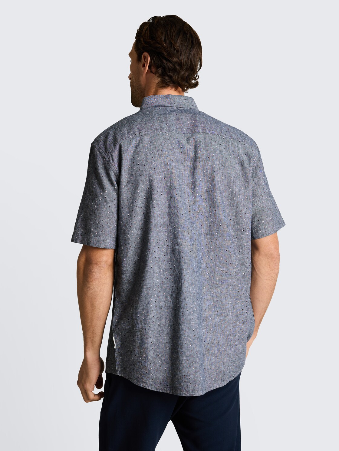 Regular fit overhemd met korte mouwen en linnen - navy design - Neklijn model-achteraanzicht