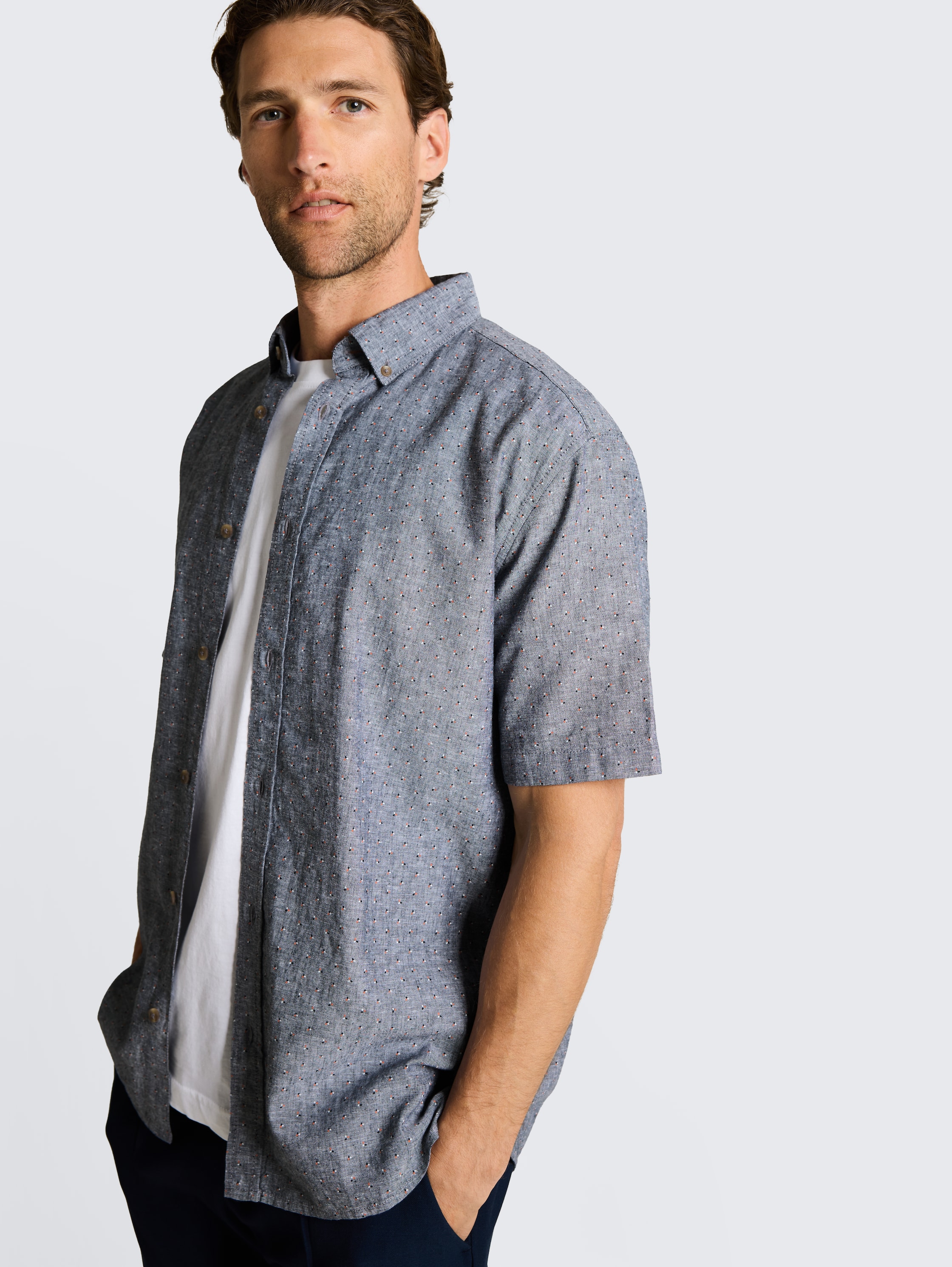 Regular Fit Kurzarmhemd mit Leinenanteil - navy_design - 