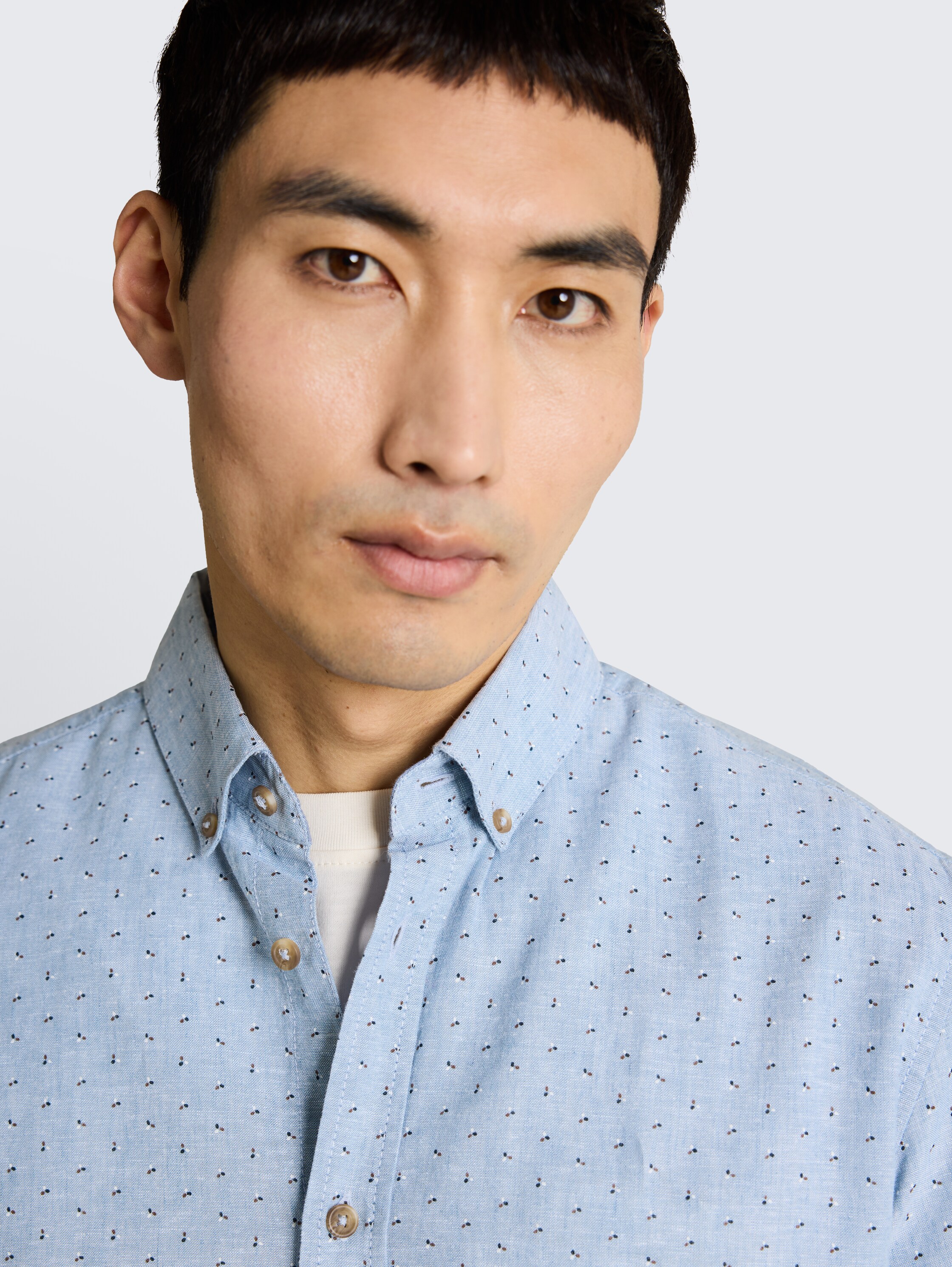 Regular Fit Kurzarmhemd mit Leinenanteil - bleeched_blue_design - 