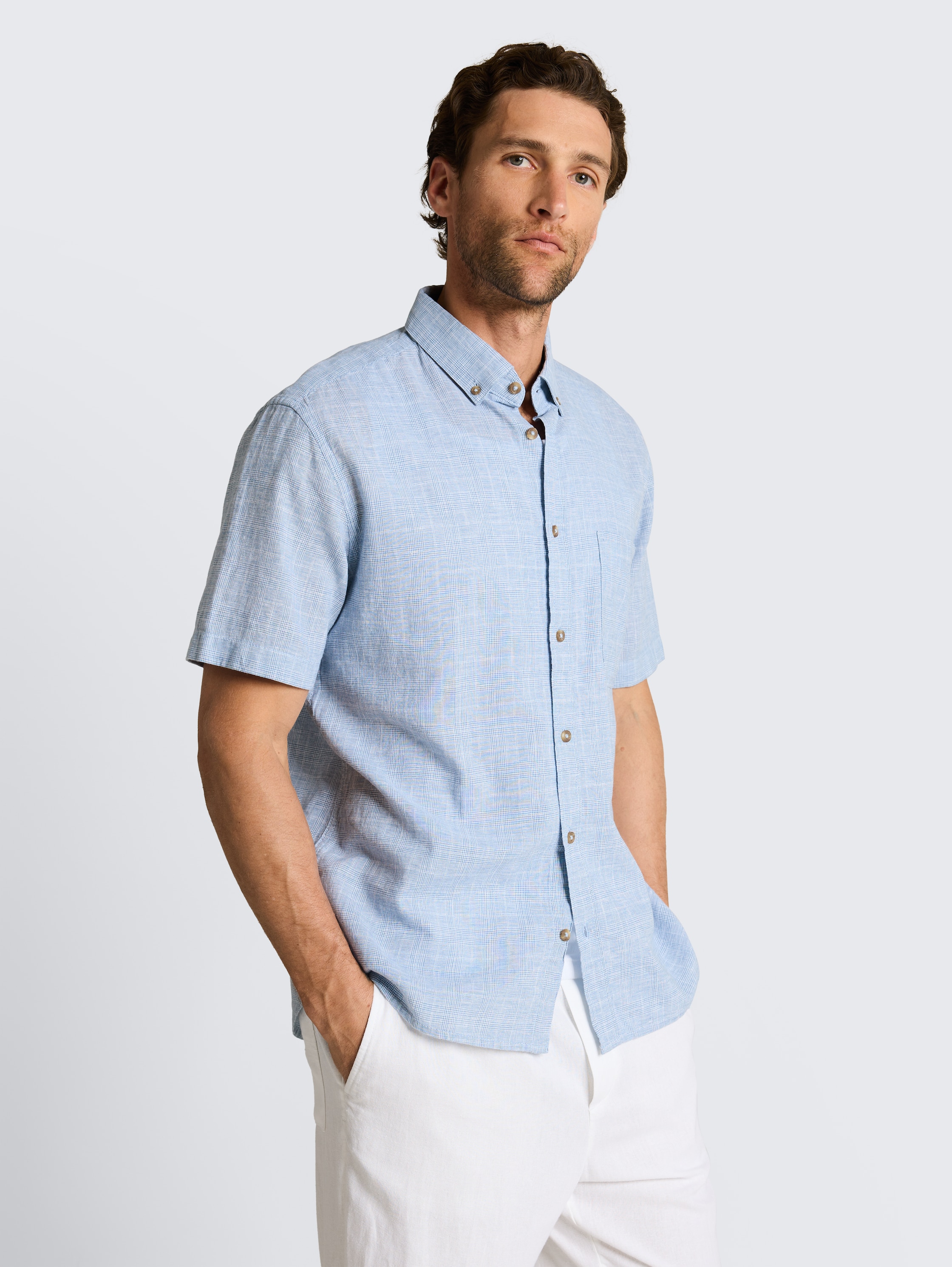 Regular Fit Kurzarmhemd mit Leinenanteil - bleeched_blue_check - 