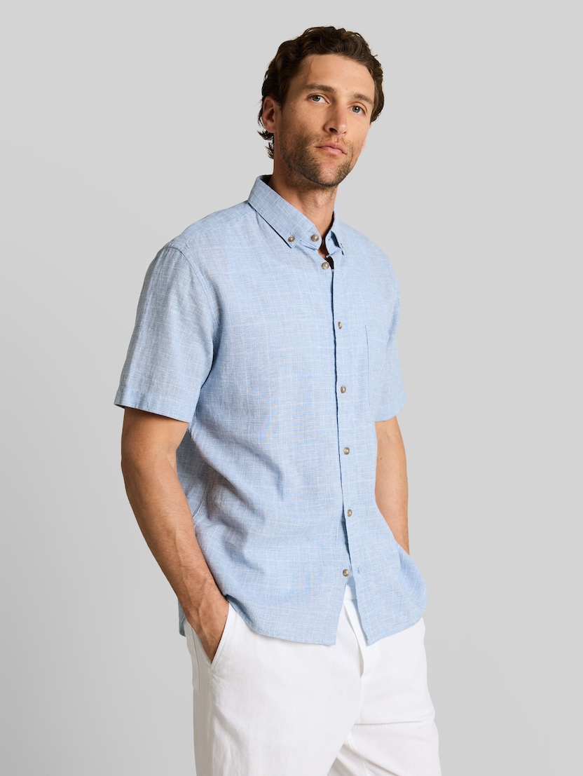 Regular Fit Kurzarmhemd mit Leinenanteil von Men, bleeched blue check