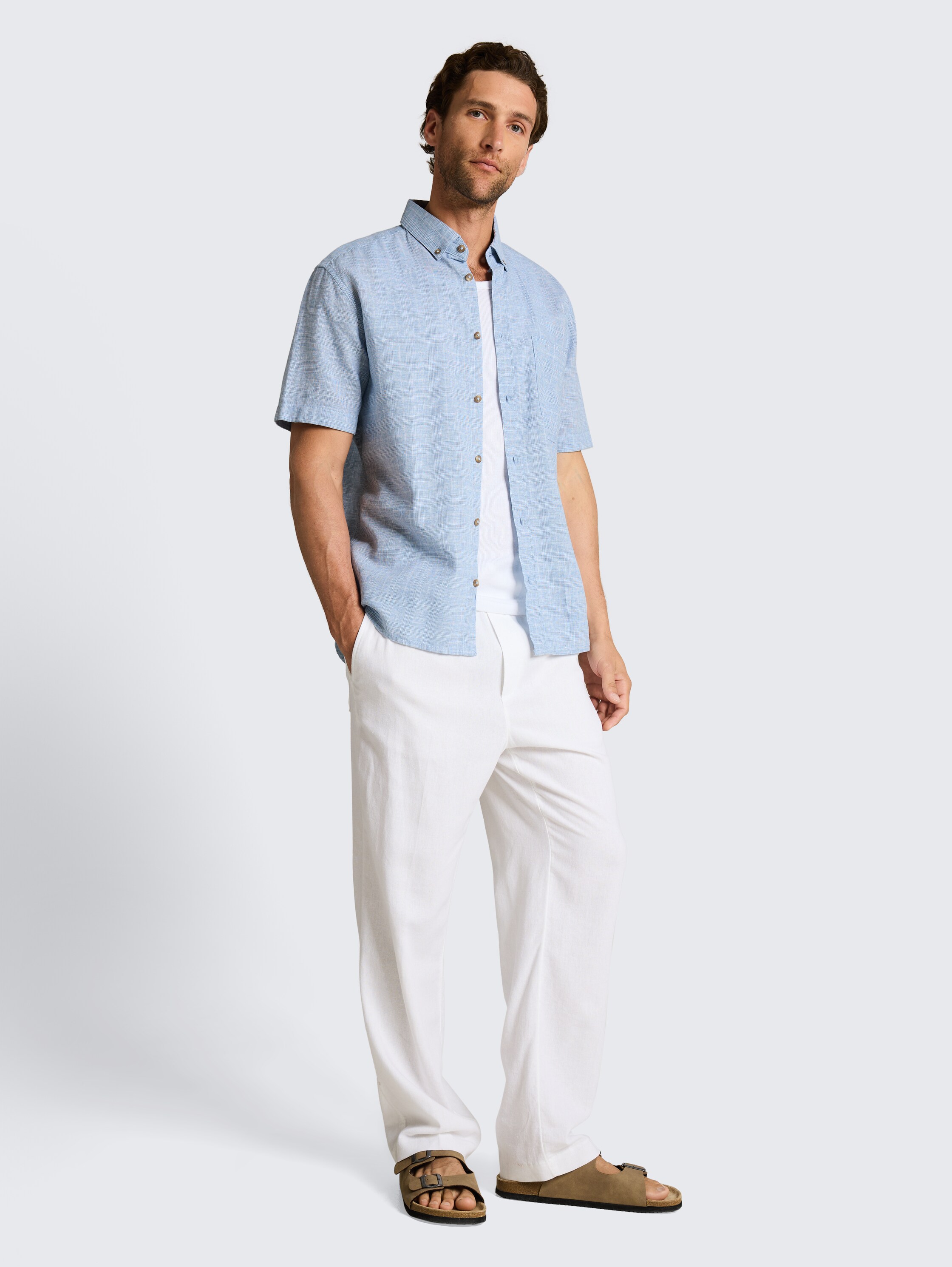 Regular Fit Kurzarmhemd mit Leinenanteil - bleeched_blue_check - 