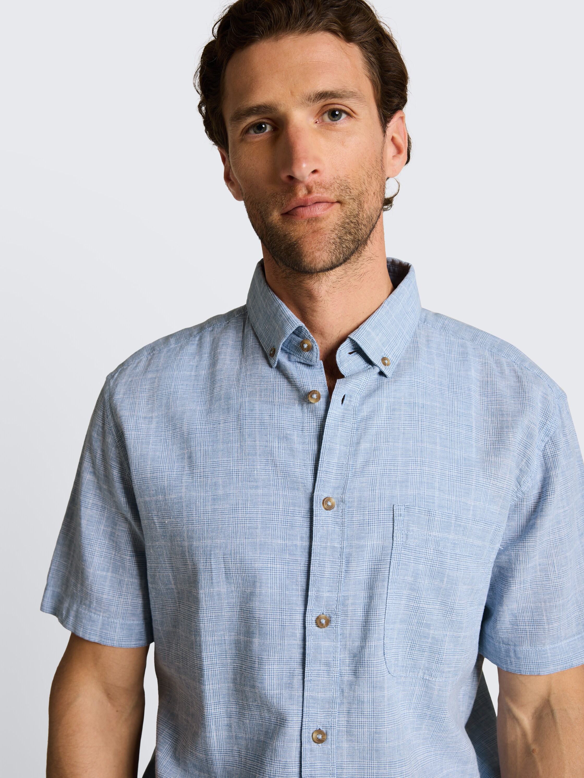 Regular Fit Kurzarmhemd mit Leinenanteil - bleeched_blue_check - 
