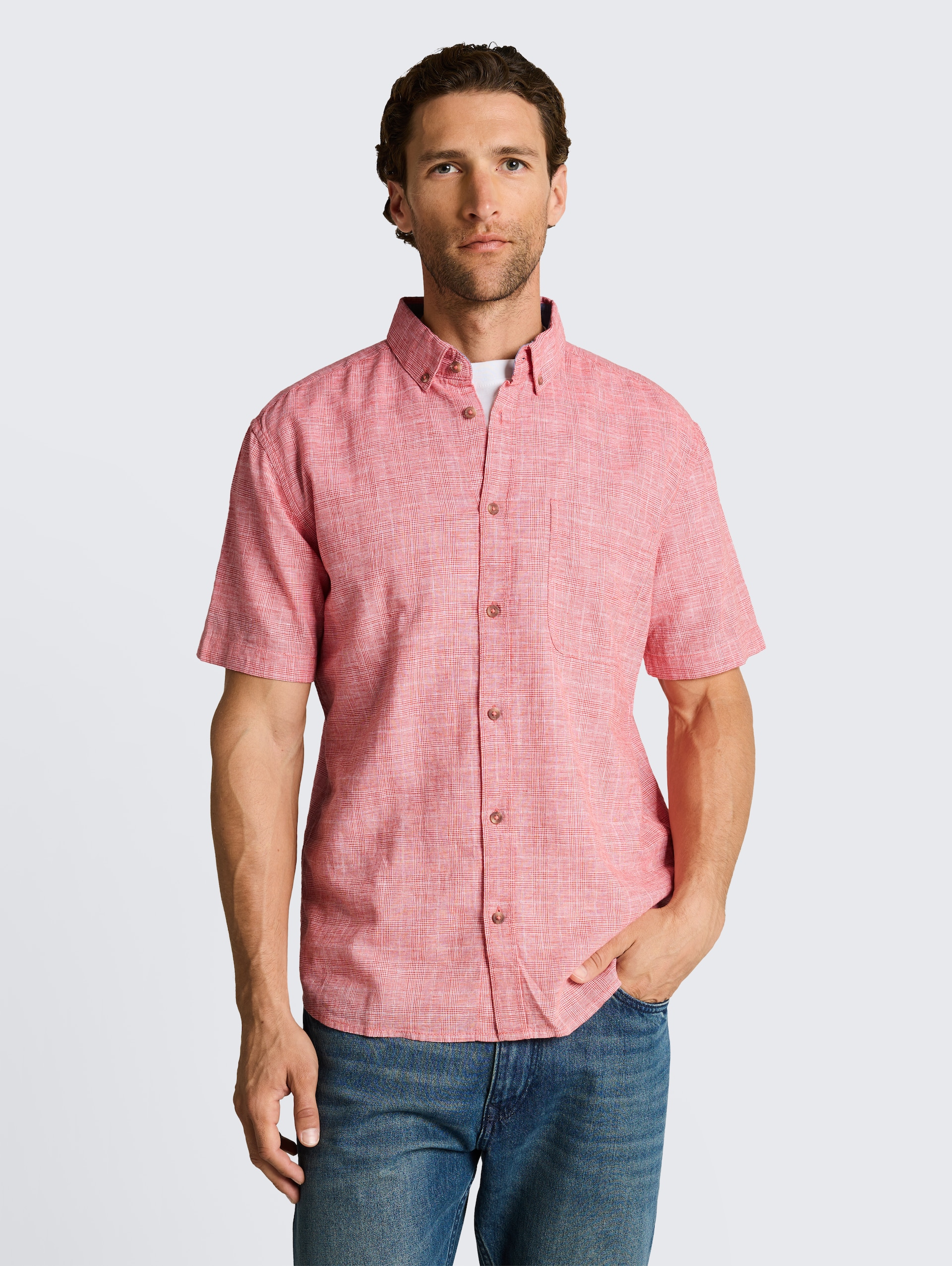 Chemise à manches courtes coupe regular avec un mélange de lin - chili orange check - Découpe Vue de face du modèle