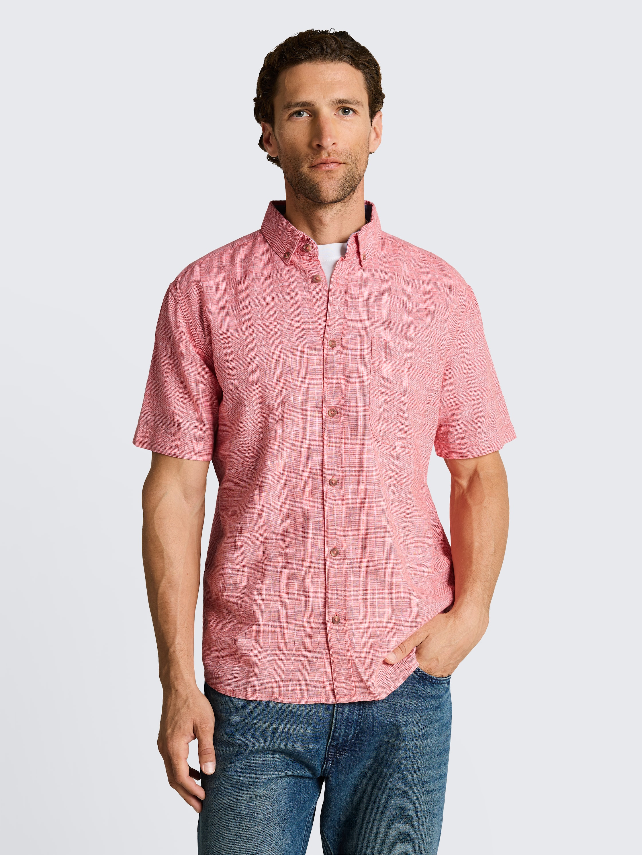 Regular Fit Kurzarmhemd mit Leinenanteil - chili_orange_check - 