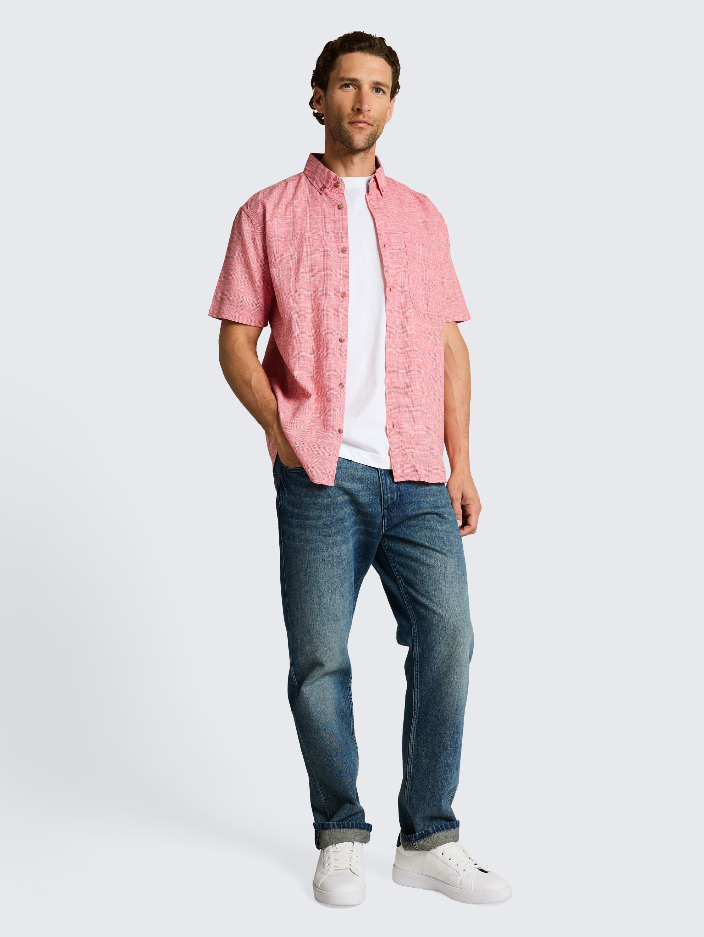 Regular Fit Kurzarmhemd mit Leinenanteil - chili_orange_check - 