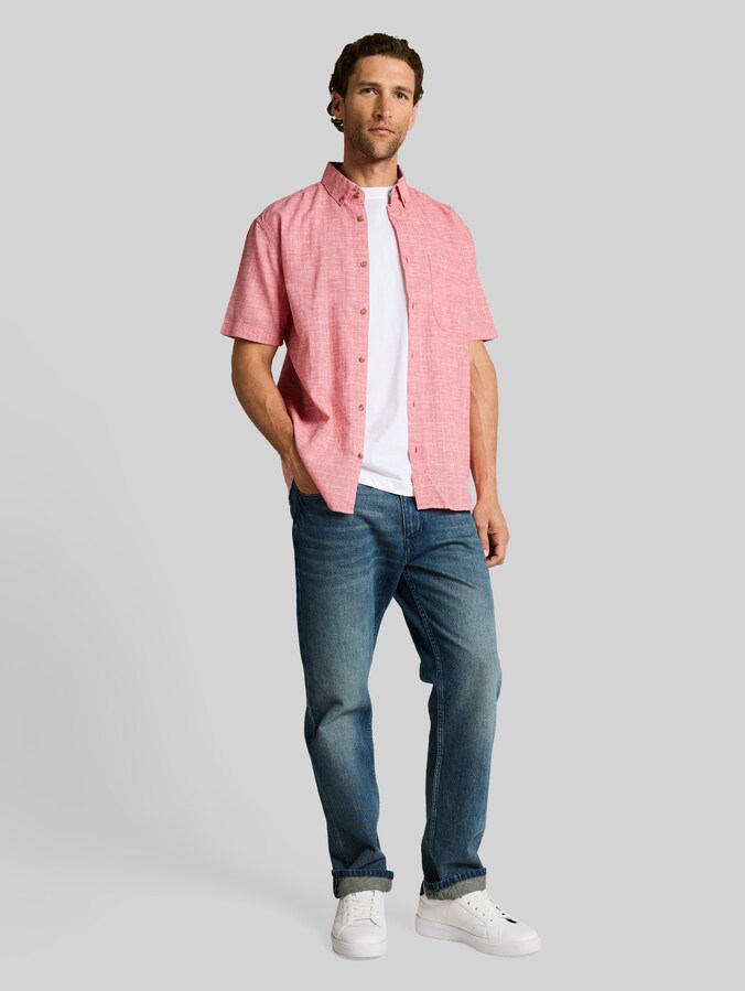 Regular fit overhemd met korte mouwen en linnen door Men, chili orange check