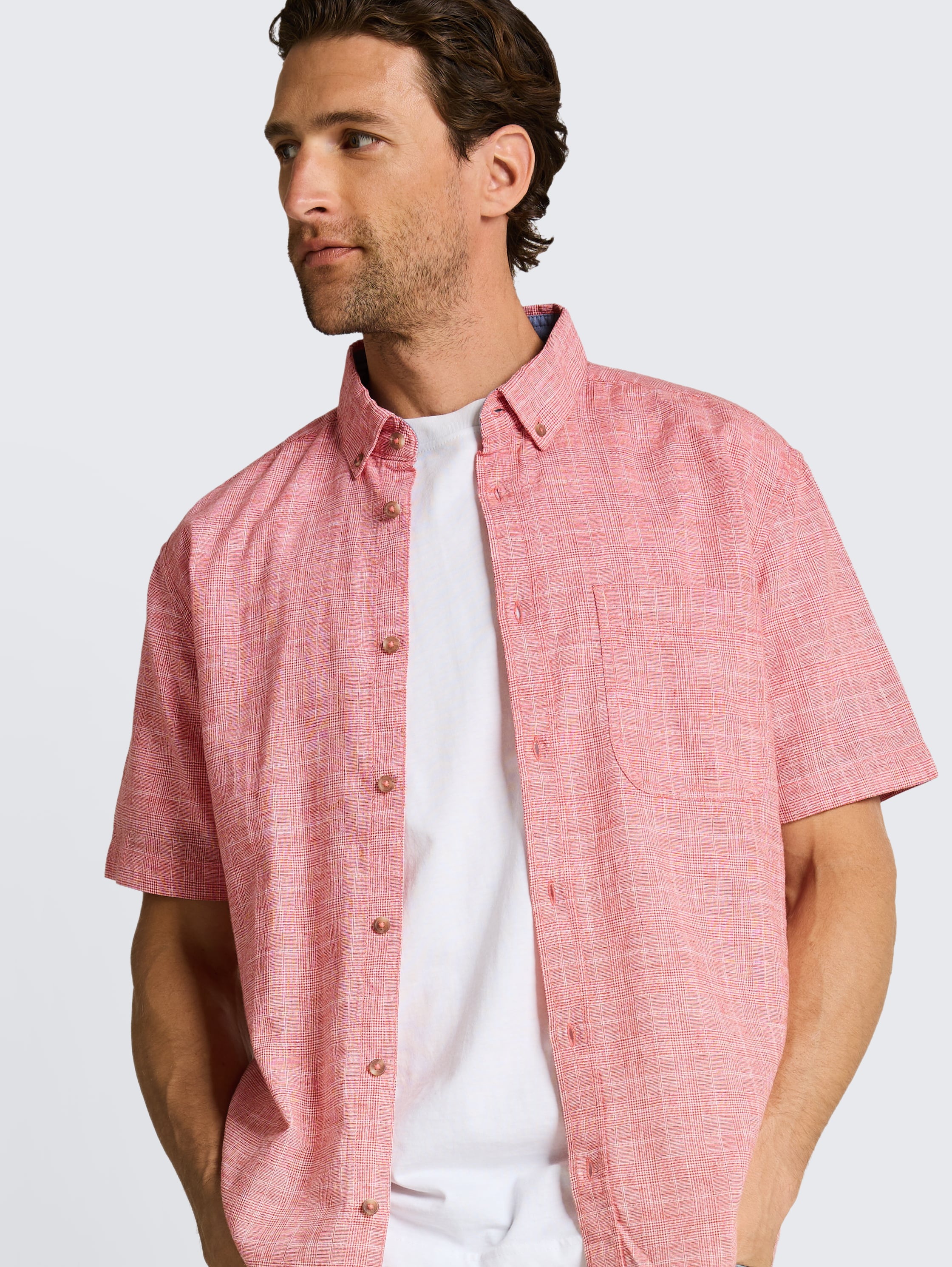 Regular Fit Kurzarmhemd mit Leinenanteil - chili_orange_check - 