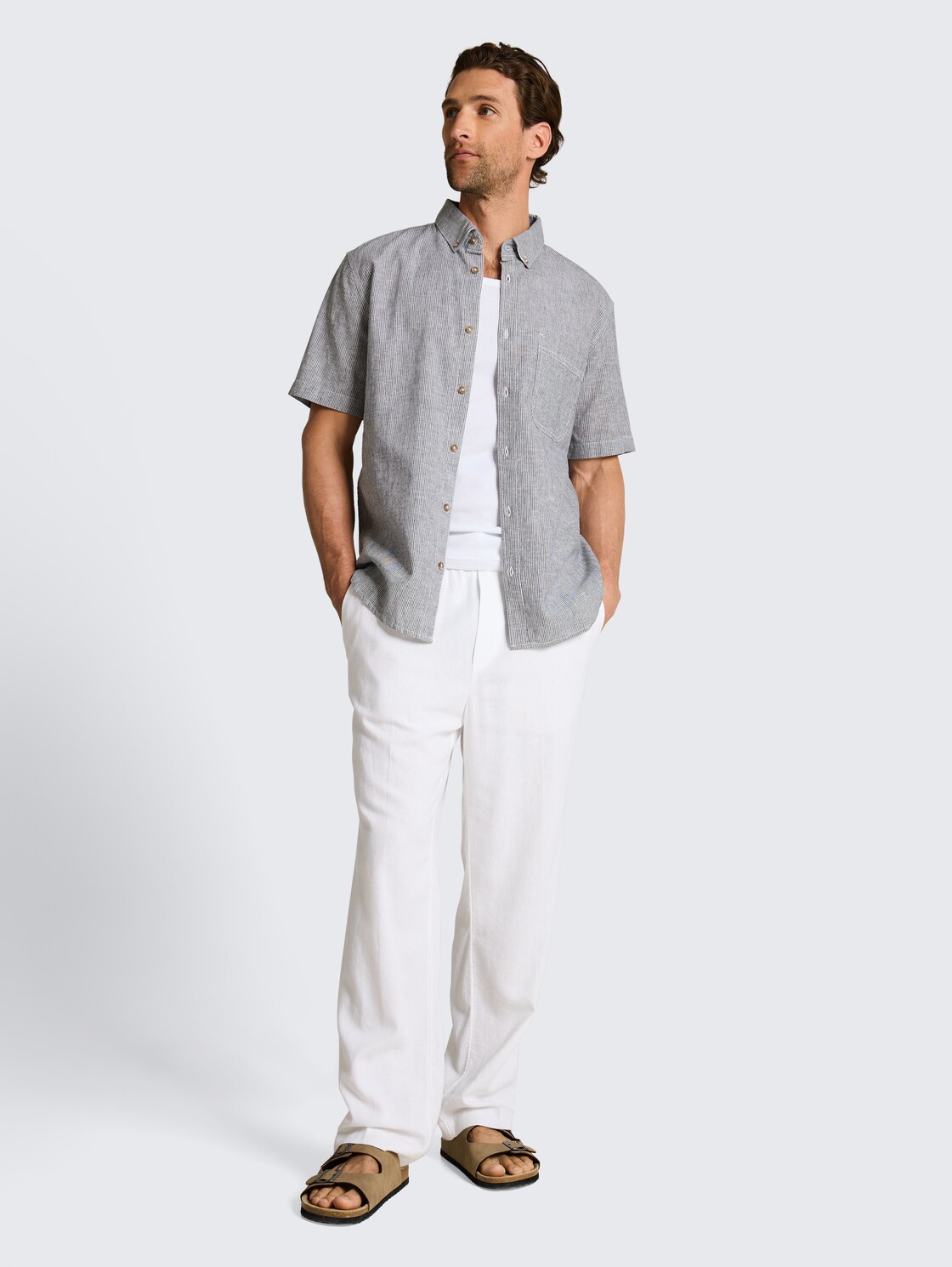 Regular Fit Kurzarmhemd mit Leinenanteil - navy white small stripe - Model-Vorderansicht