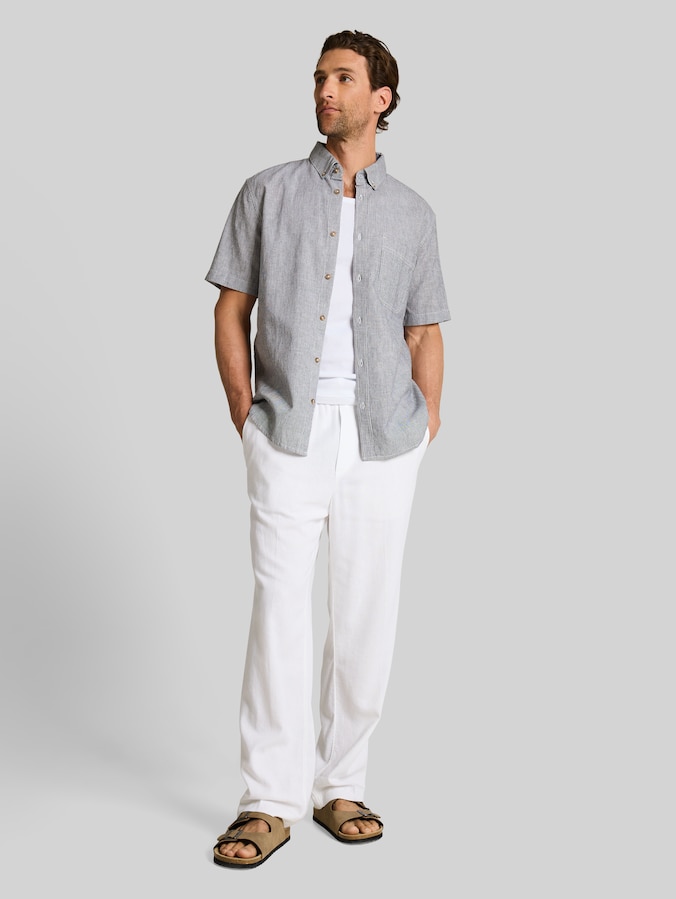 Regular fit overhemd met korte mouwen en linnen door Men, navy white small stripe