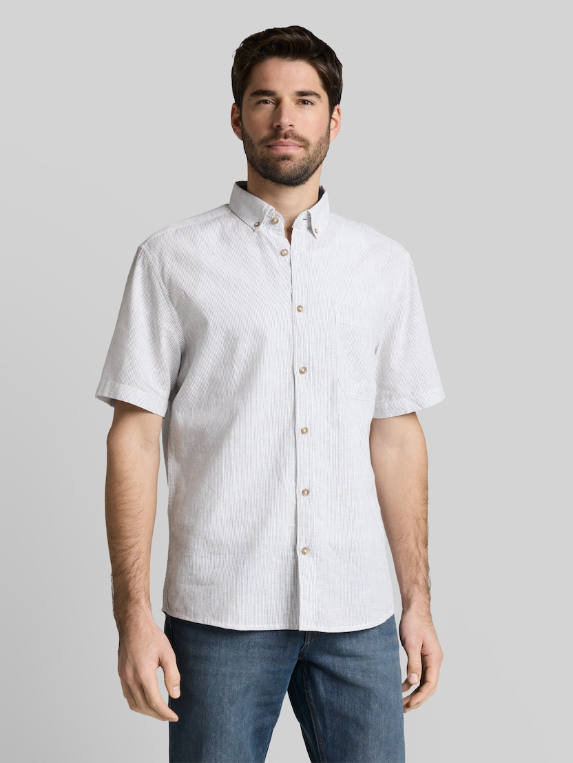 Regular Fit Kurzarmhemd mit Leinenanteil von Men, white leaf green small stripe