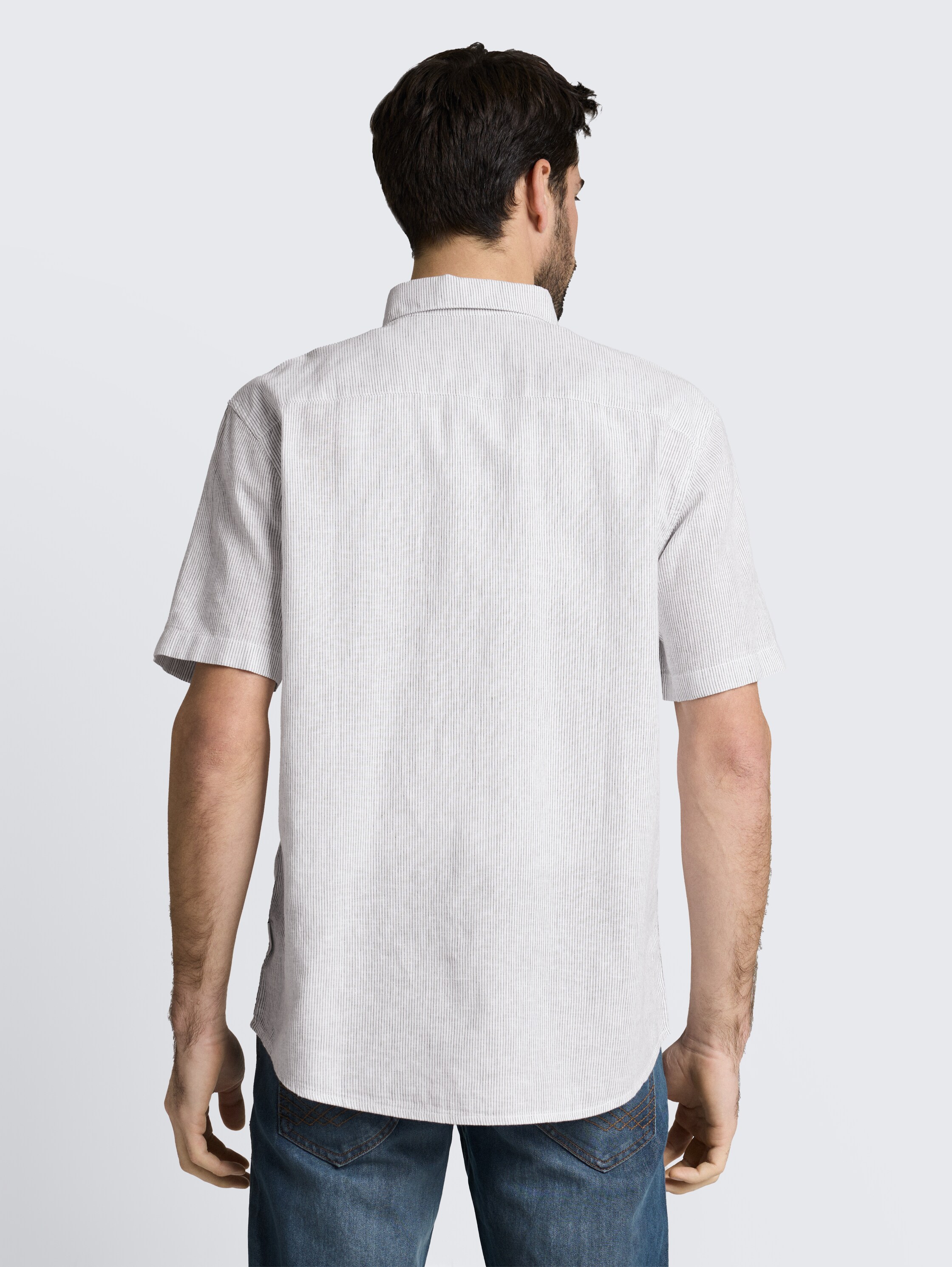 Regular Fit Kurzarmhemd mit Leinenanteil - white_leaf_green_small_stripe - 