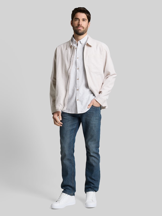 Regular Fit Kurzarmhemd mit Leinenanteil von Men, white leaf green small stripe