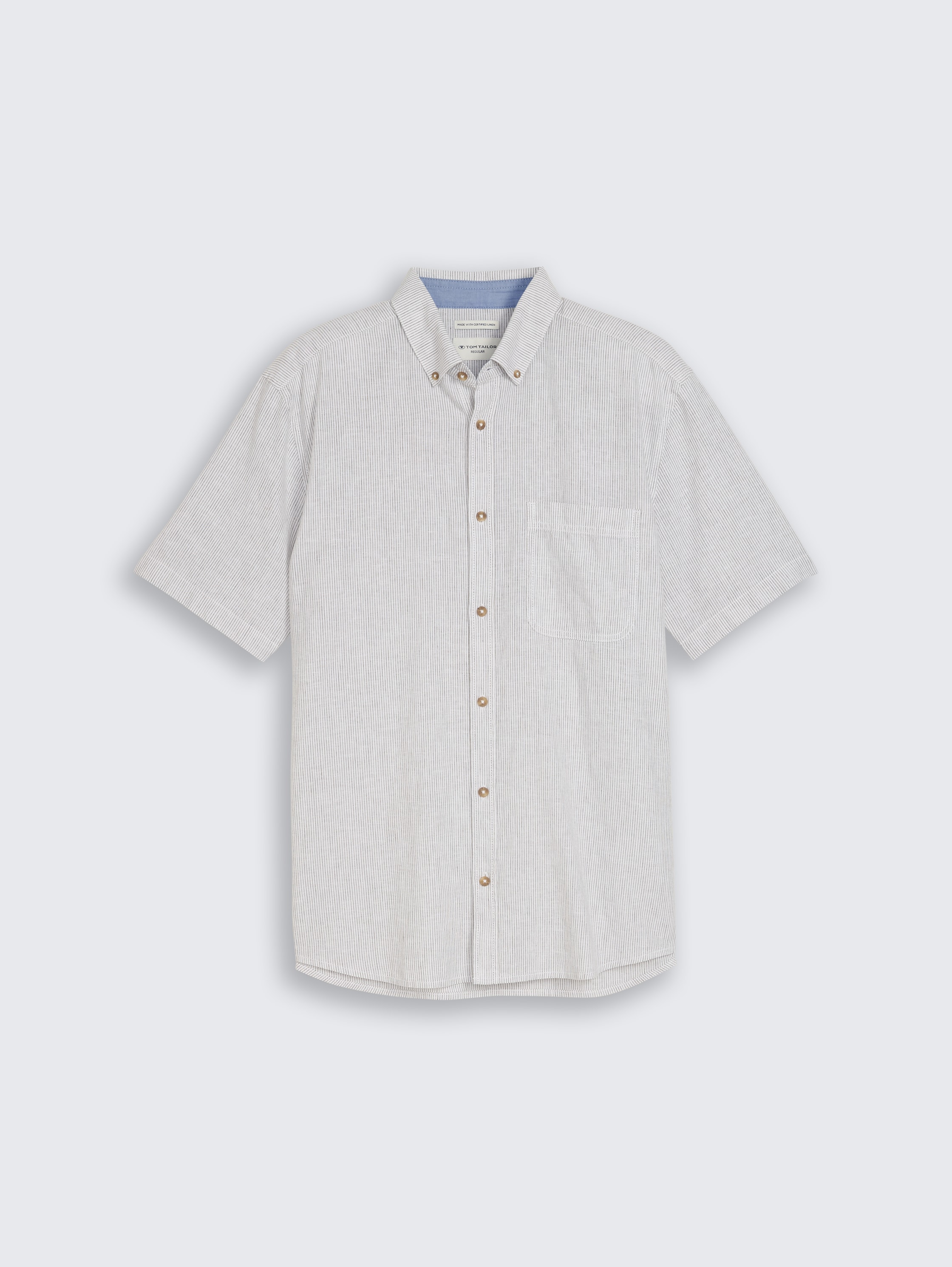 Regular Fit Kurzarmhemd mit Leinenanteil - white_leaf_green_small_stripe - 